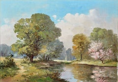 Paysage printanier belge du milieu du siècle, huile sur toile, signée, 1950