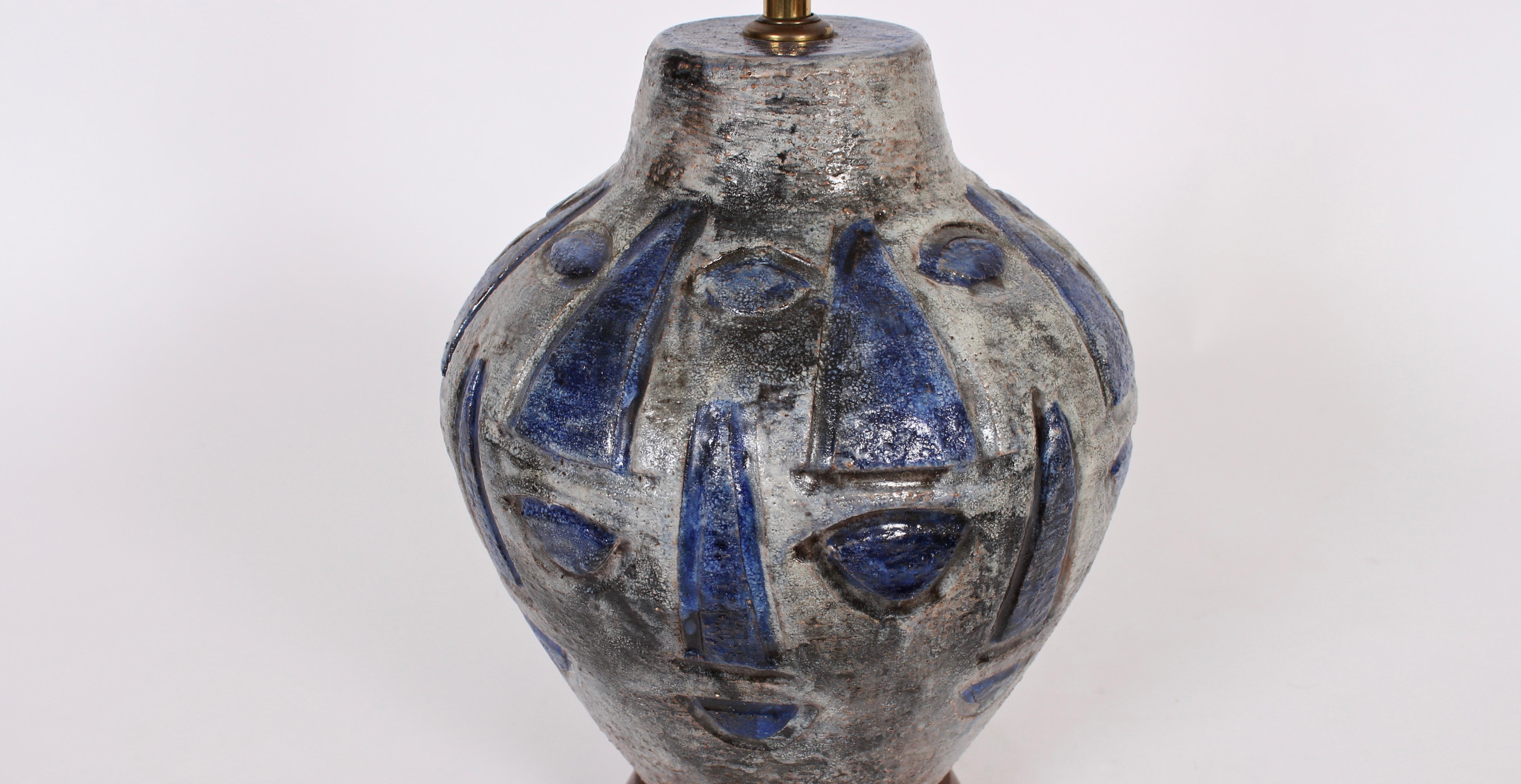 Gustav Sporri Blue Swiss Art Pottery Lamp In Good Condition In Bainbridge, NY