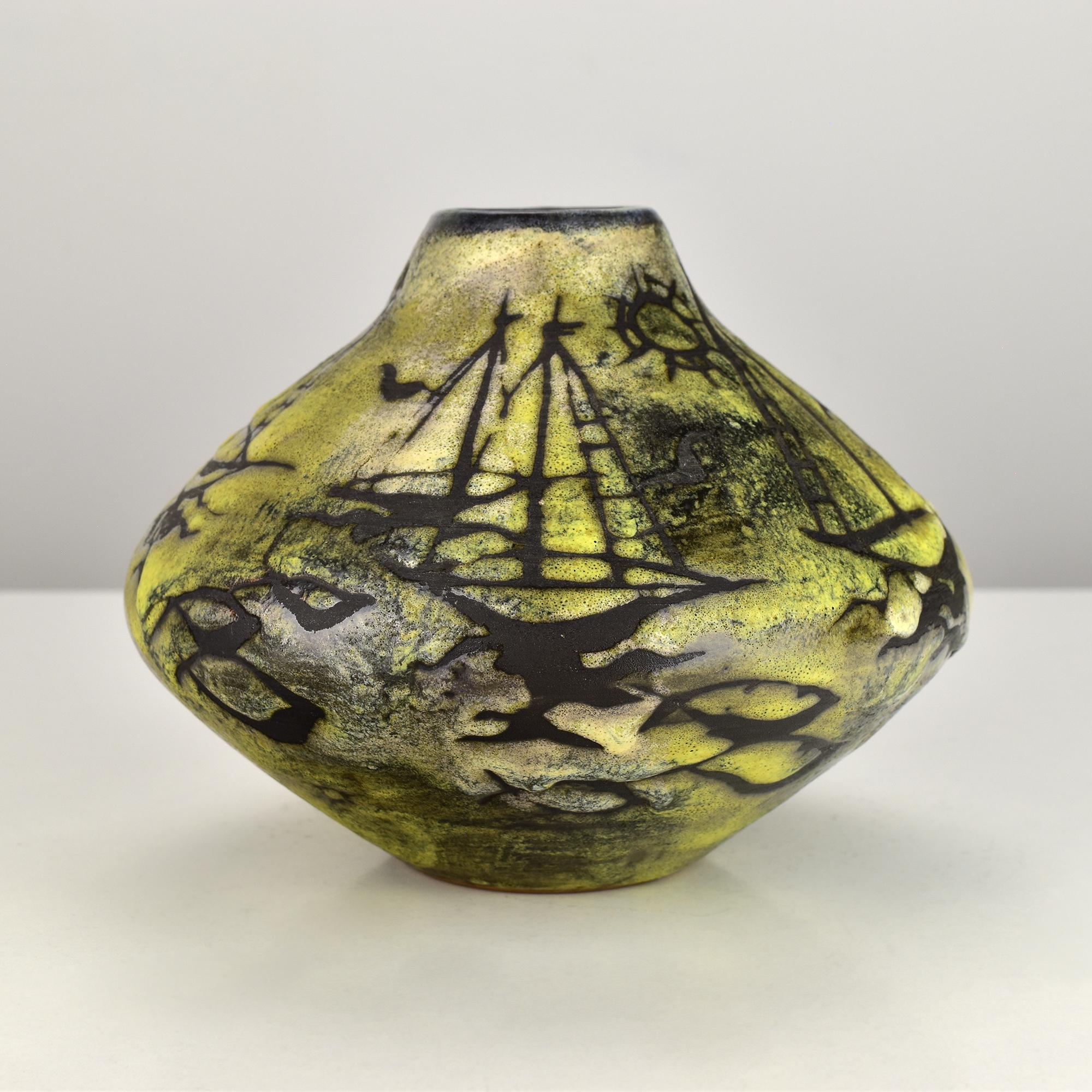 Mid-Century moderno Vaso in Studio Pottery Gustav Spörri con barche a vela, Ziegler Schaffhausen in vendita