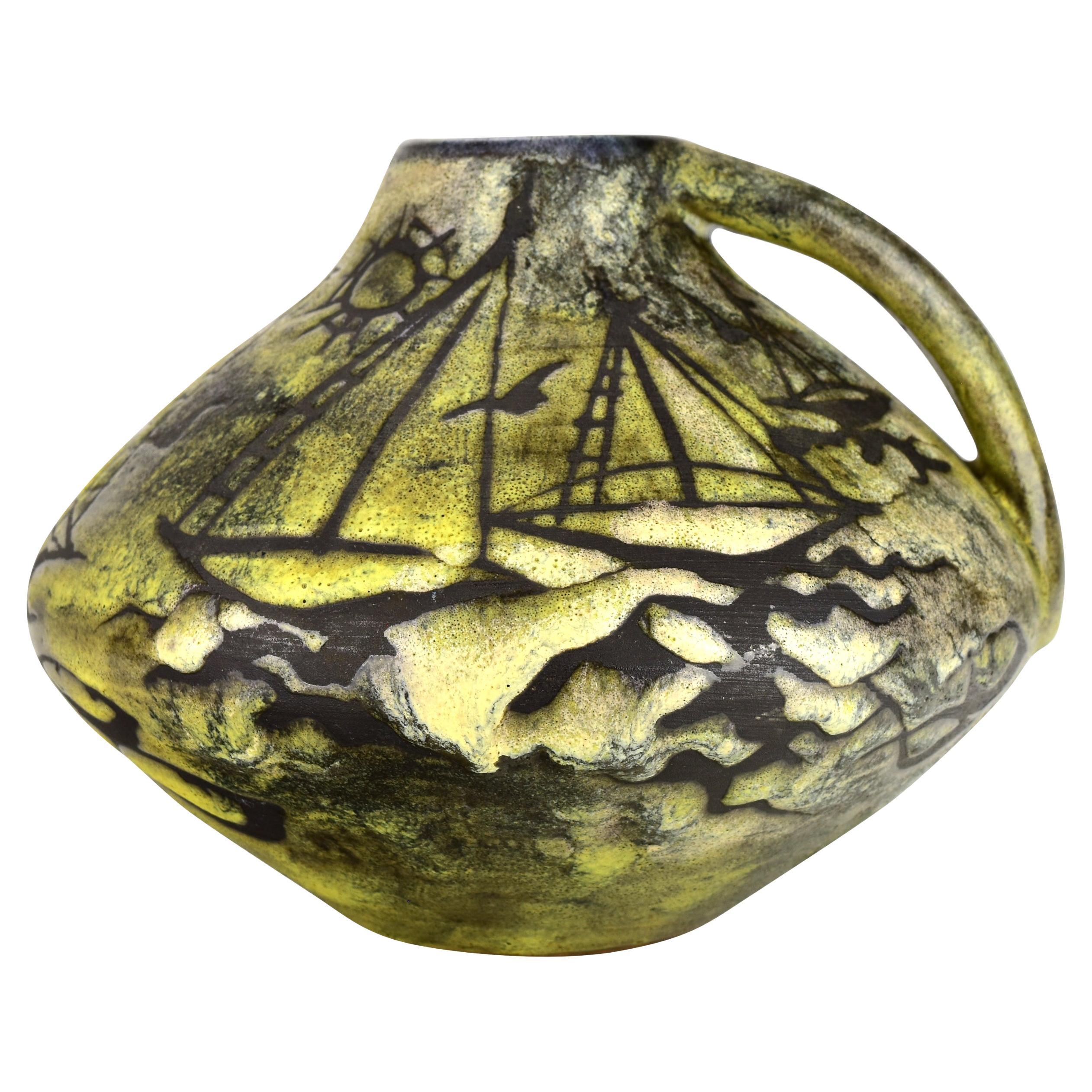 Gustav Spörri Studio Pottery Vase with Sailing Boats, Ziegler Schaffhausen