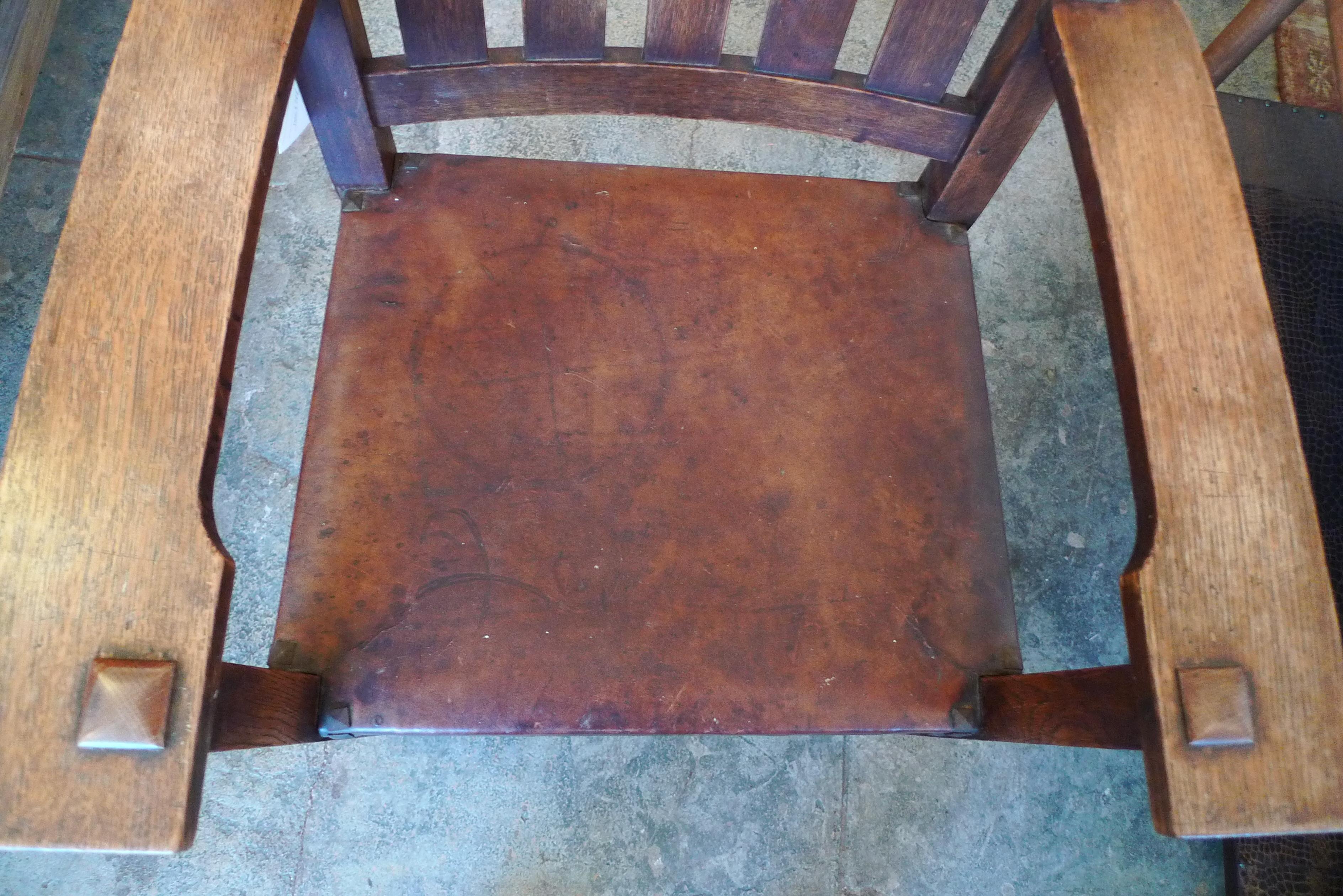 Gustav Stickley 20th Century Slat-Back Armchair with Original Leather Seat 4