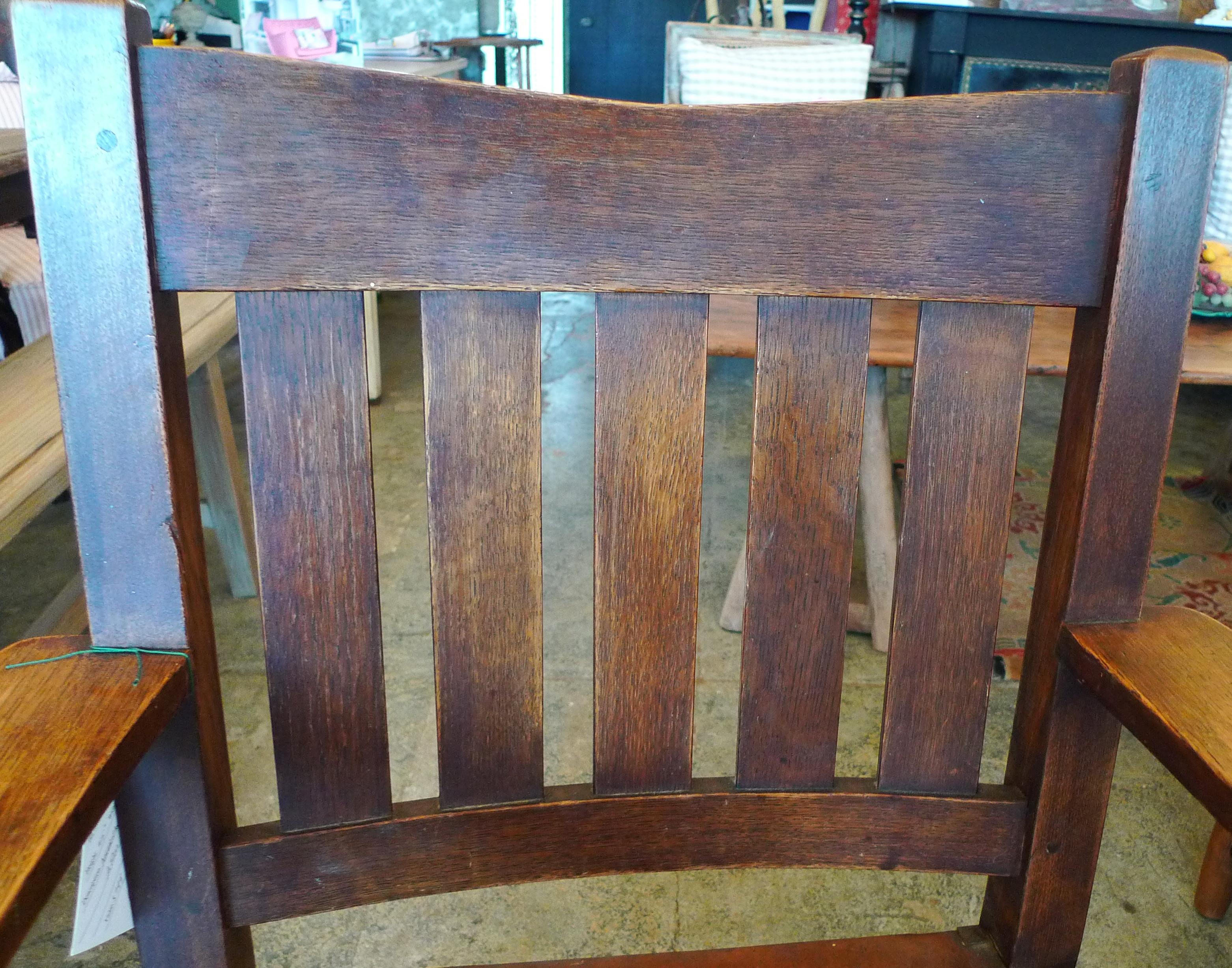 Stained Gustav Stickley 20th Century Slat-Back Armchair with Original Leather Seat