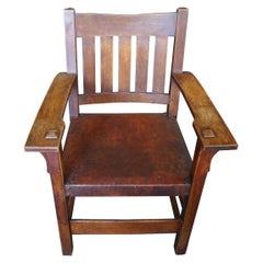 Gustav Stickley 20th Century Slat-Back Armchair with Original Leather Seat