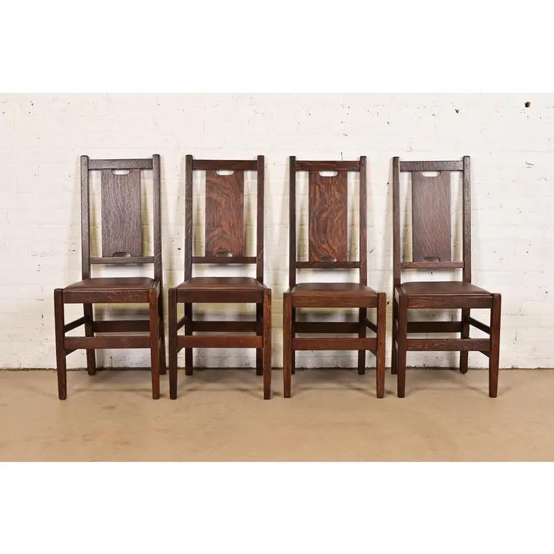Arts and Crafts Gustav Stickley Antique Mission Arts & Crafts H-Back Dining Chairs, Set of Four (Chaises de salle à manger à dossier en H) en vente