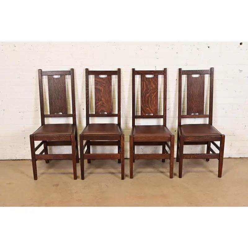 Américain Gustav Stickley Antique Mission Arts & Crafts H-Back Dining Chairs, Set of Four (Chaises de salle à manger à dossier en H) en vente