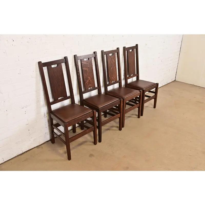Gustav Stickley Antique Mission Arts & Crafts H-Back Dining Chairs, Set of Four (Chaises de salle à manger à dossier en H) Bon état - En vente à South Bend, IN