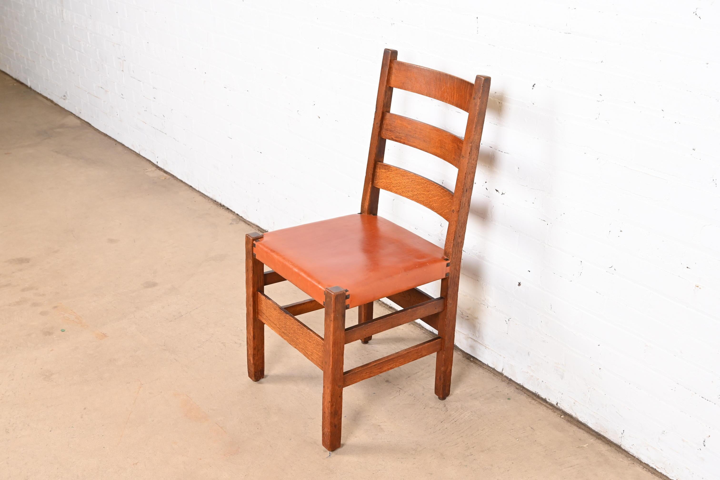 Leather Gustav Stickley Antique Mission Oak Arts & Crafts Dining Chairs, Set of Six