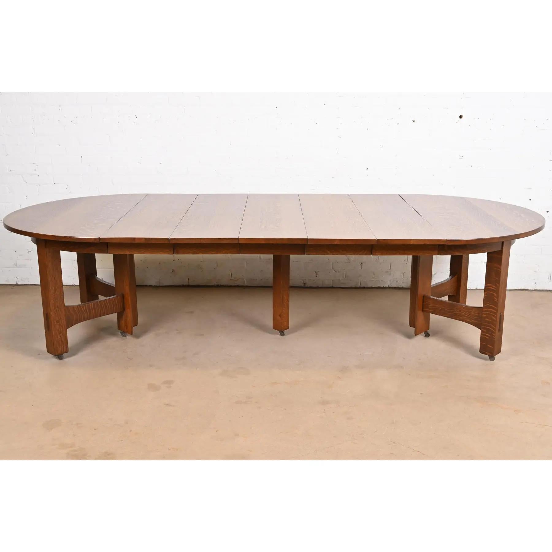 Eine seltene und außergewöhnliche antike Mission oder Arts & Crafts Viertel gesägt Eiche Erweiterung Esstisch

Von Gustav Stickley

USA, ca. 1900

Maße: 53,5 