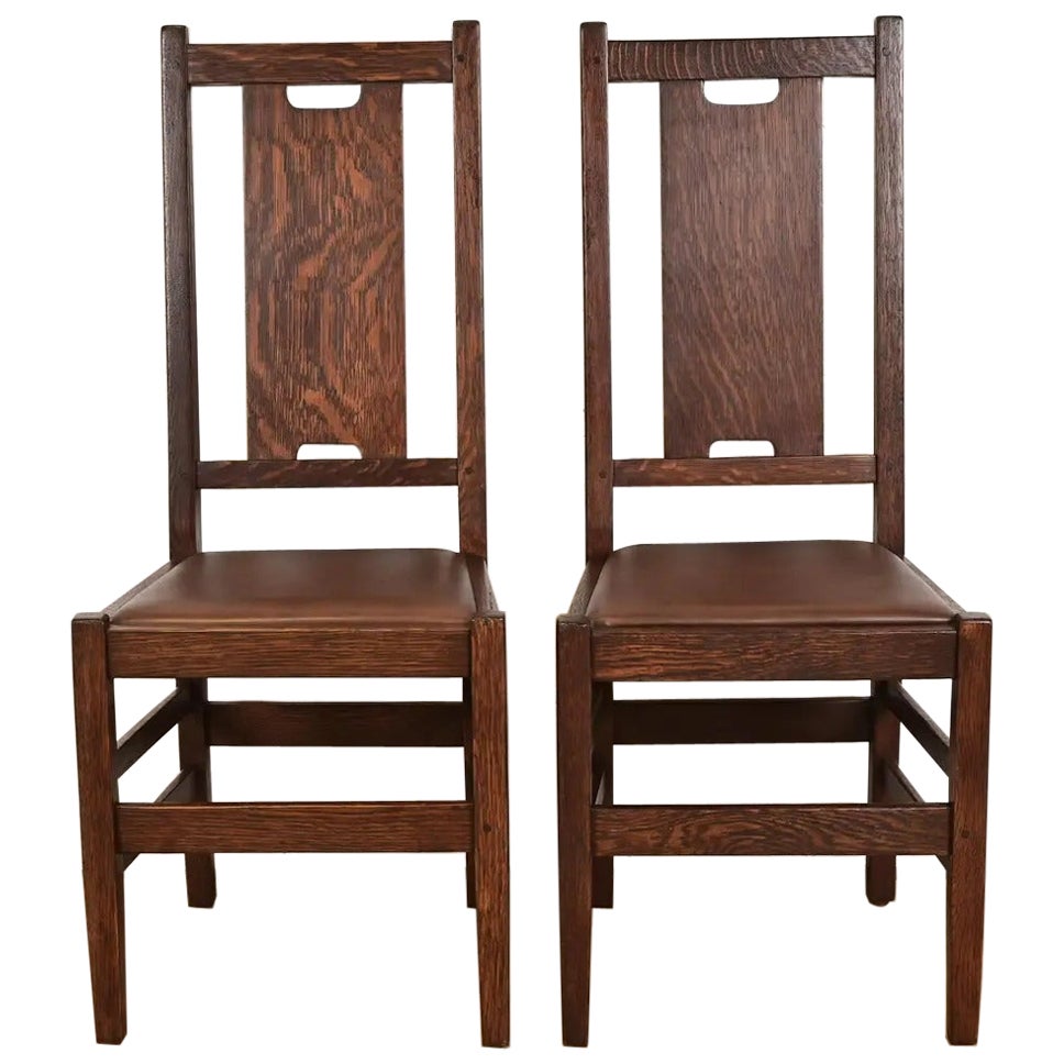 Gustav Stickley Antike Mission Arts & Crafts Eiche H-Rücken Esszimmerstühle, Paar