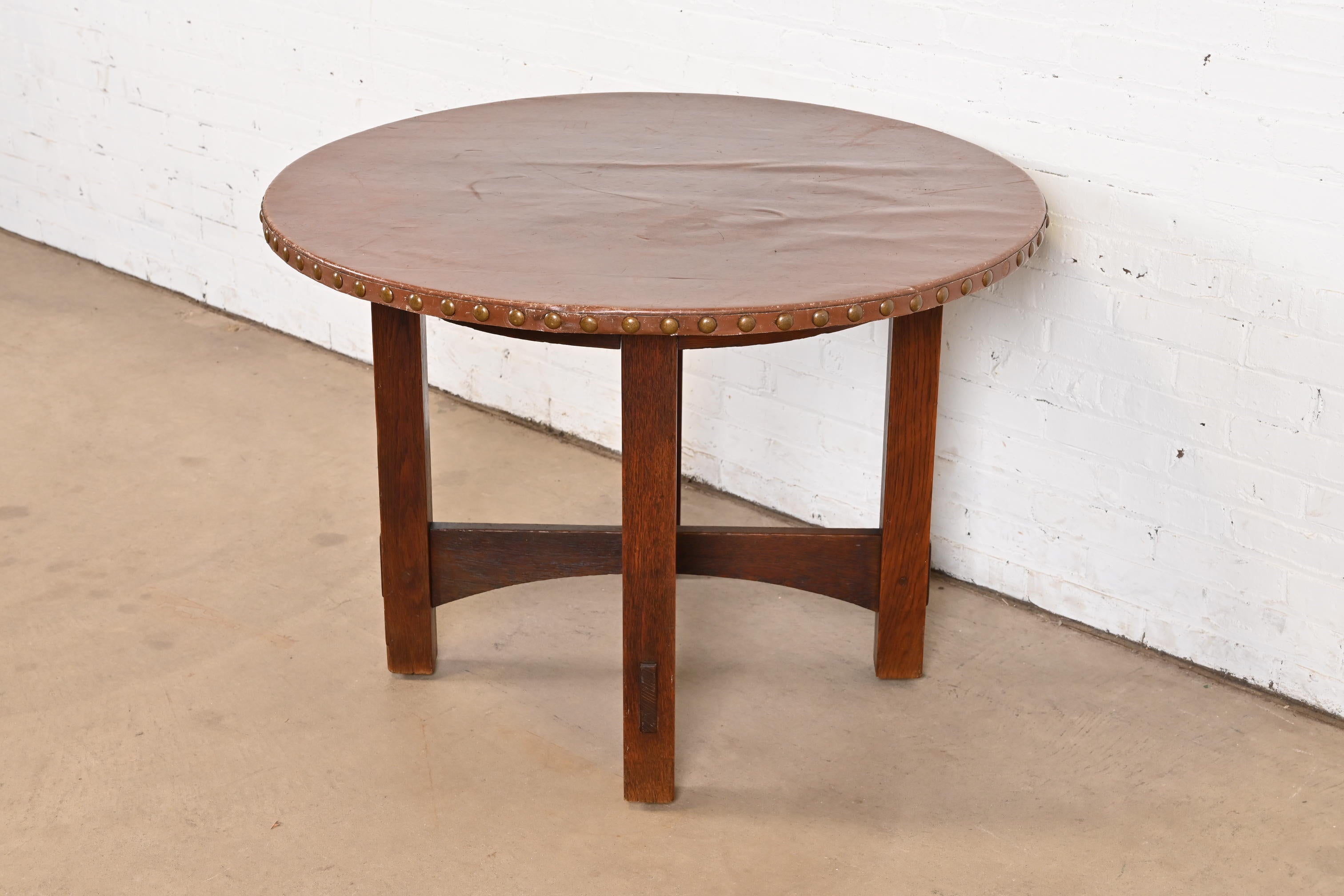 Arts and Crafts Gustav Stickley Antique Mission Oak Arts & Crafts Leather Top Center Table For Sale