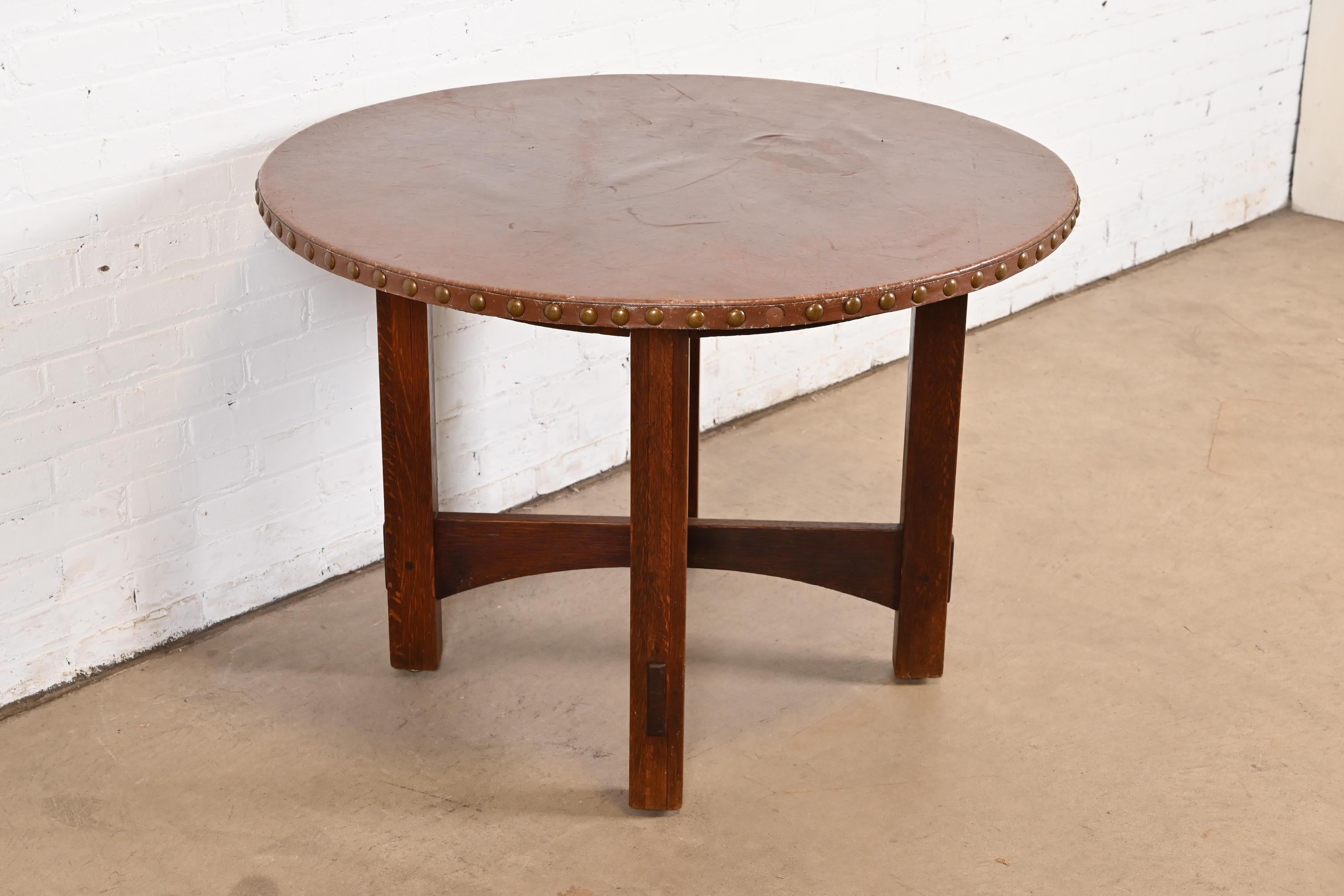 American Gustav Stickley Antique Mission Oak Arts & Crafts Leather Top Center Table For Sale