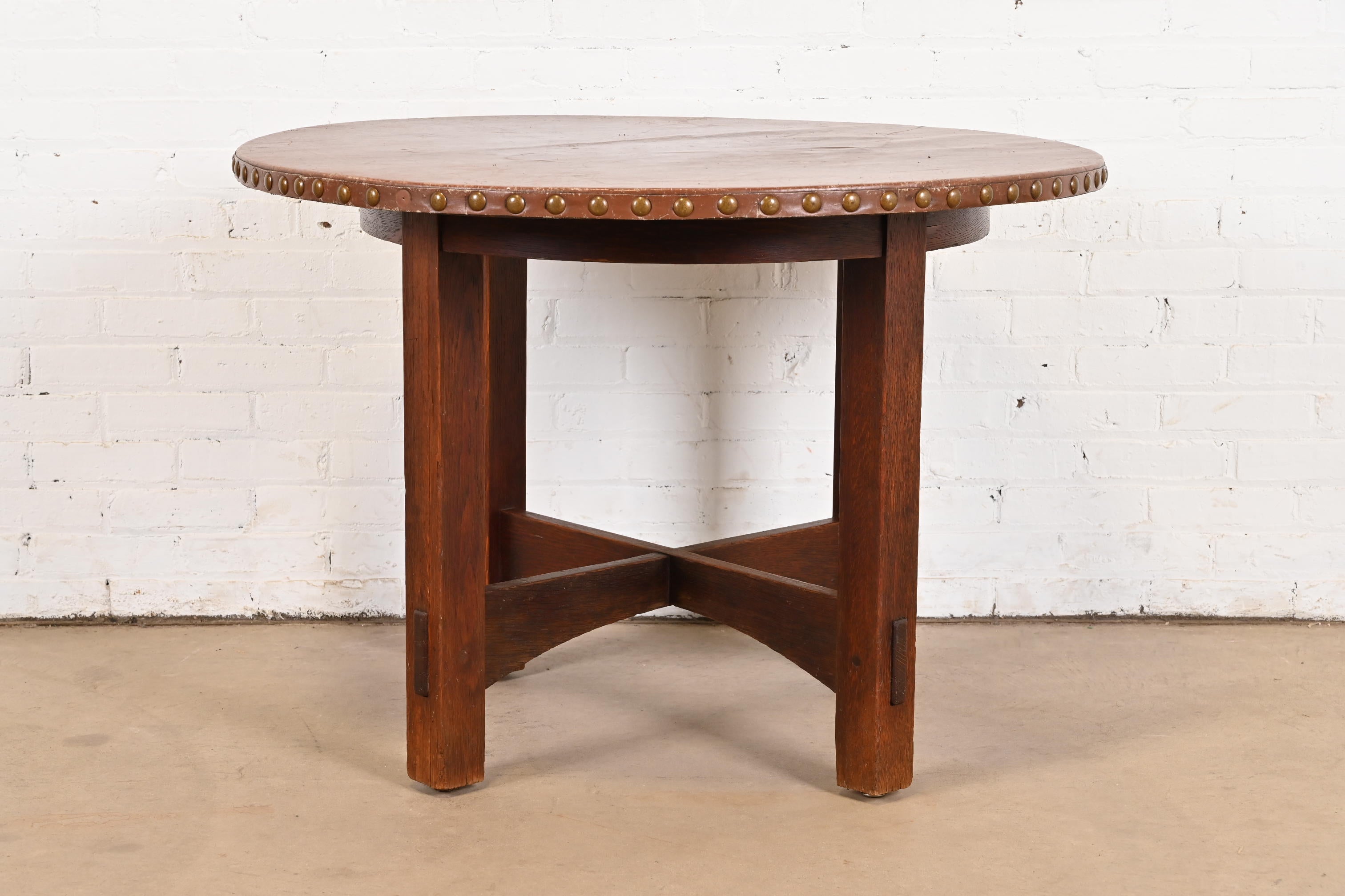 20th Century Gustav Stickley Antique Mission Oak Arts & Crafts Leather Top Center Table For Sale