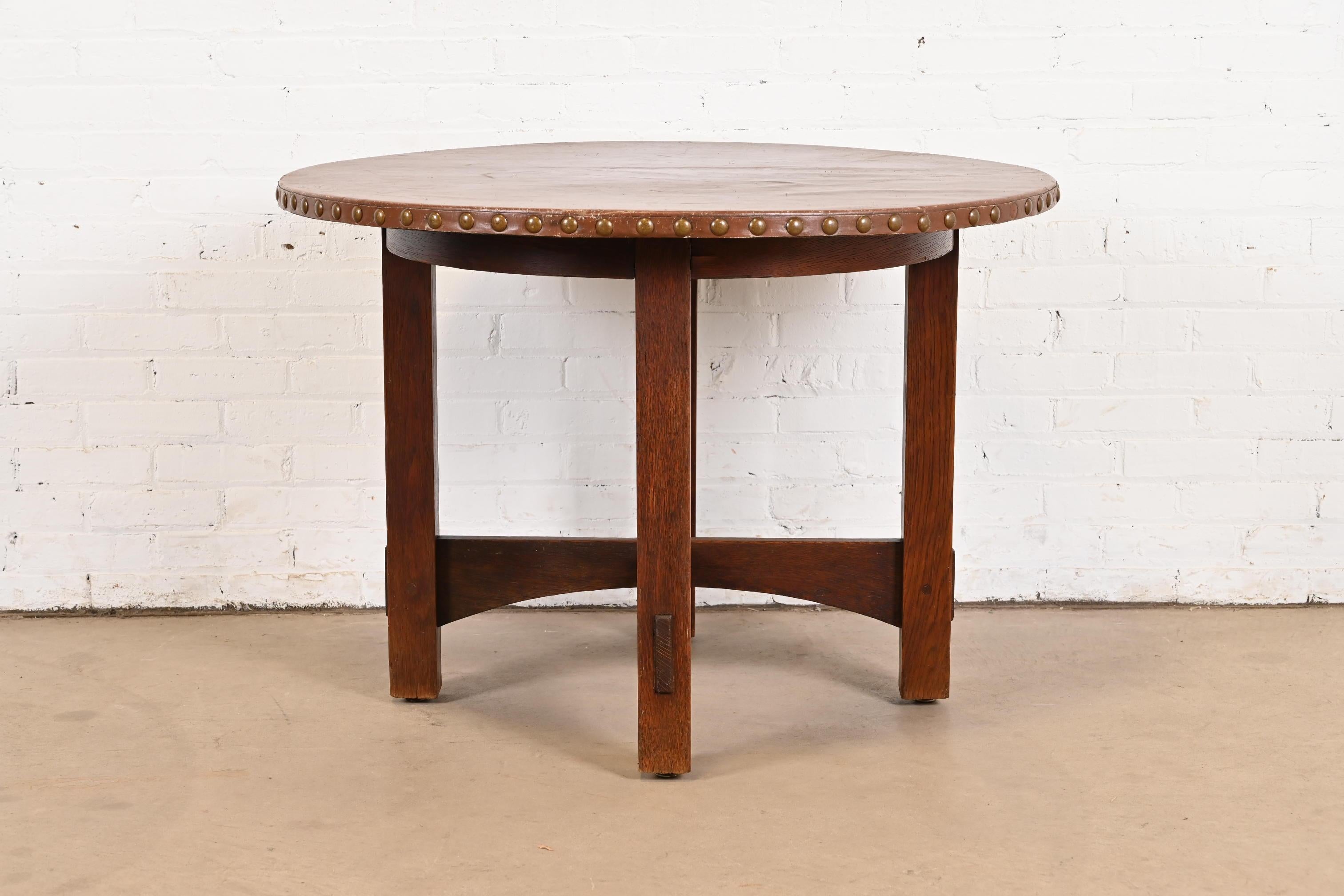 Gustav Stickley Antique Mission Oak Arts & Crafts Leather Top Center Table For Sale 1