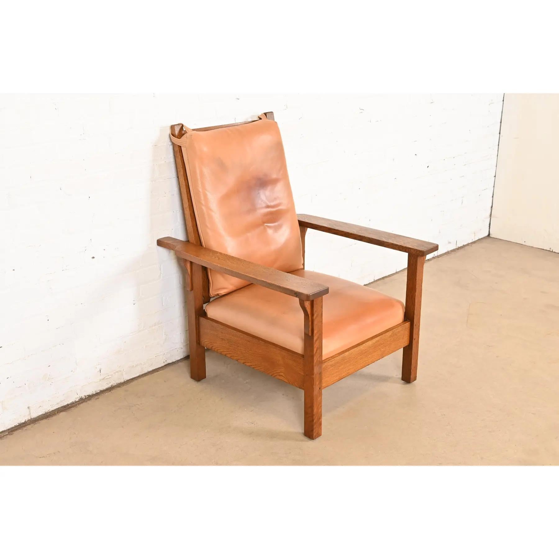 Gustav Stickley Antique Mission Oak Arts & Crafts Reclining Morris Lounge Chair im Zustand „Gut“ im Angebot in South Bend, IN