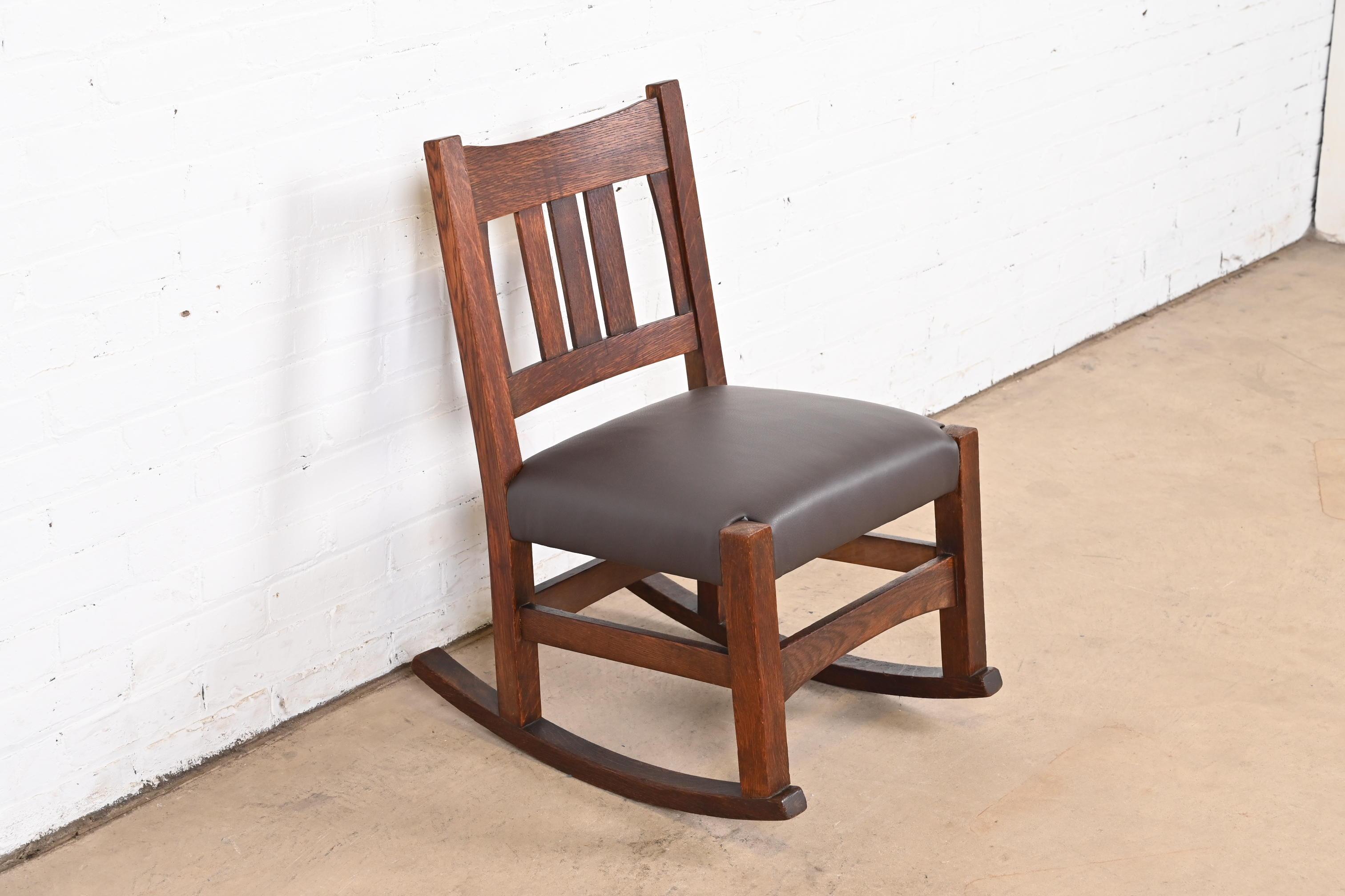 Leather Gustav Stickley Antique Mission Oak Arts & Crafts Sewing Rocking Chair For Sale