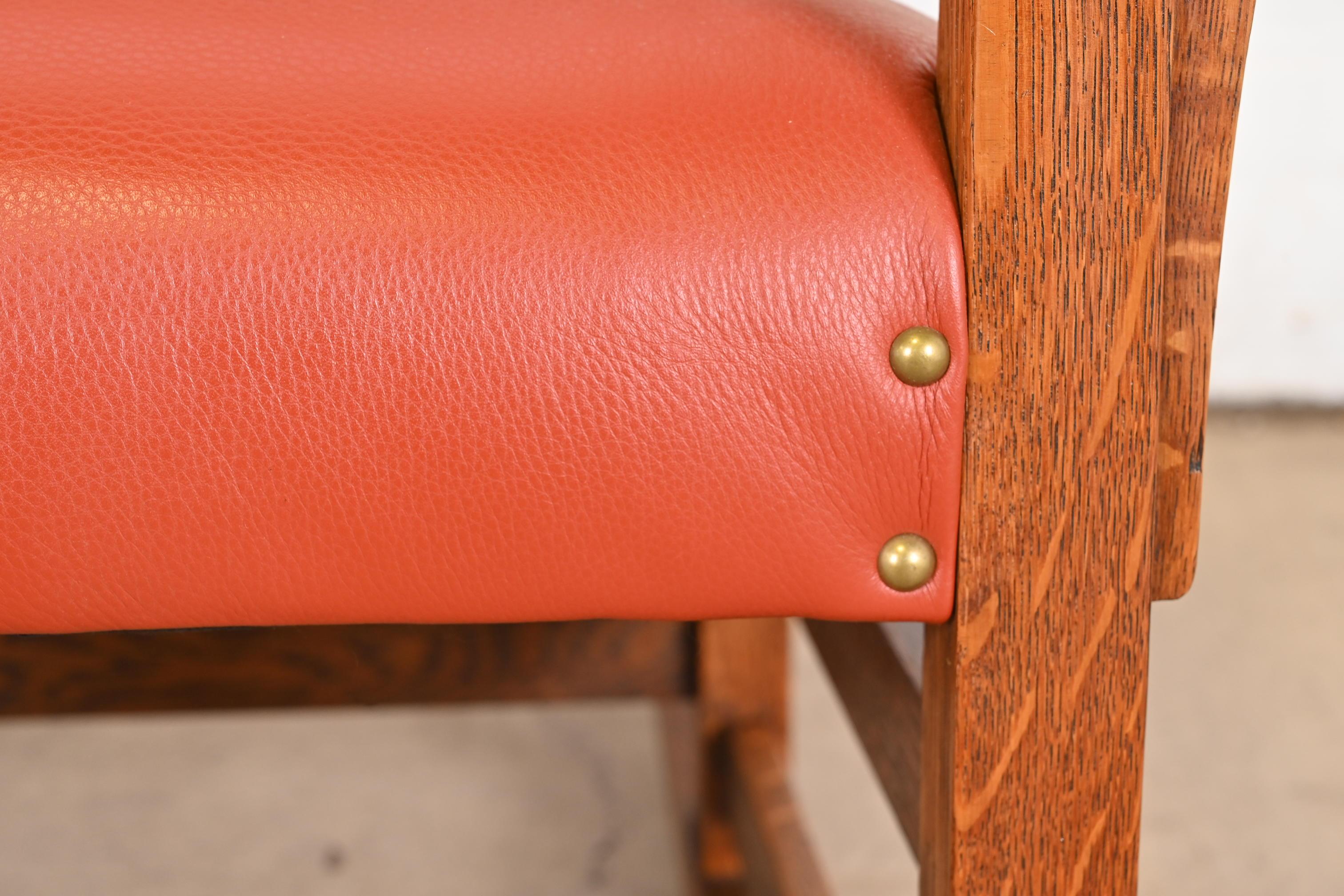 Brass Gustav Stickley Arts & Crafts Oak and Leather Rocking Chair, Fully Restored For Sale