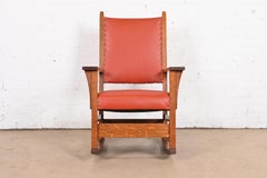 Gustav Stickley Arts & Crafts Oak and Leather Rocking Chair, Fully Restored