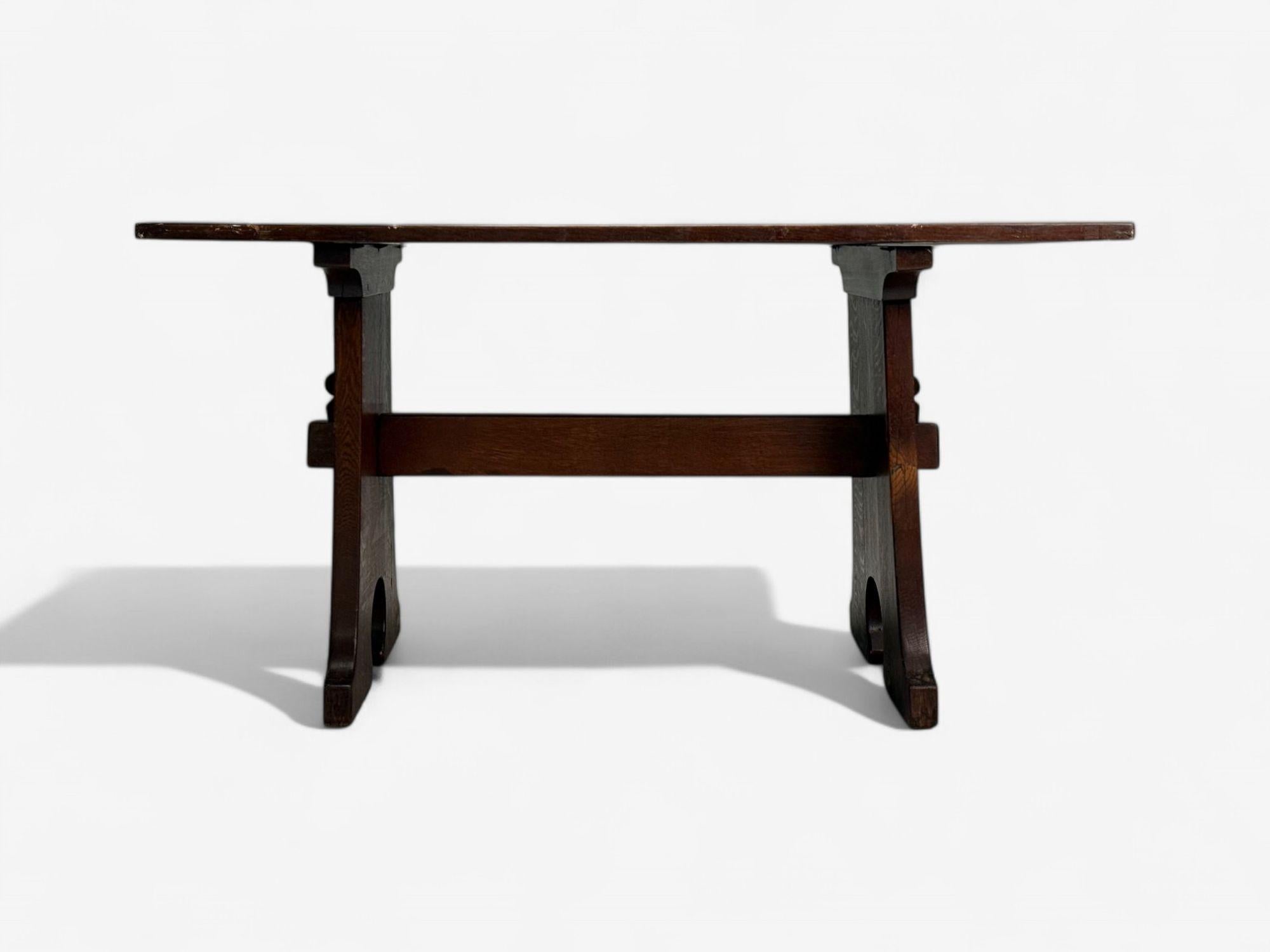 Quercia Gustav Stickley, Arts & Crafts, tavolo da biblioteca con base a cavalletto, Mission Oak, 1900