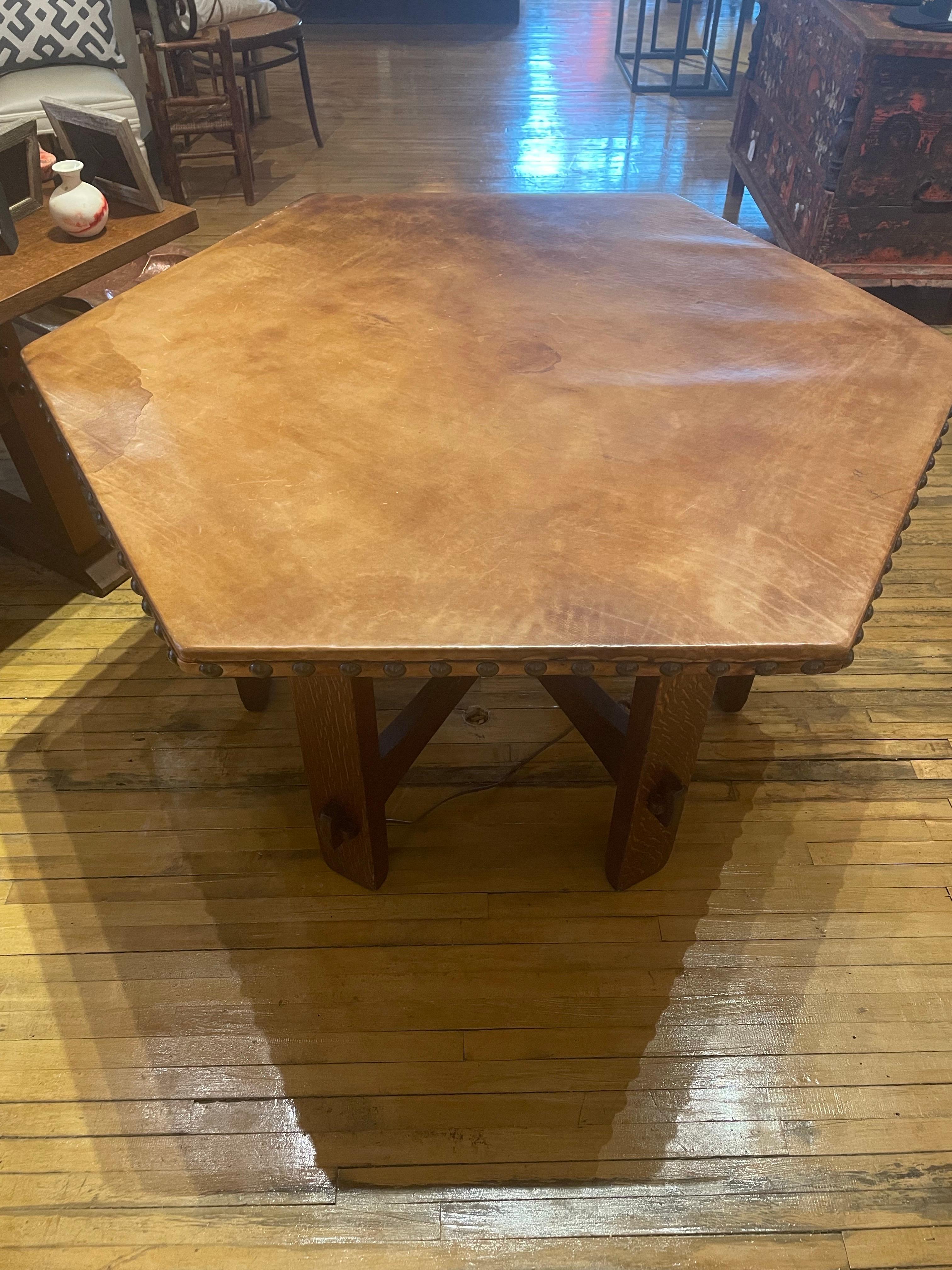 American Gustav Stickley Early Library Table with Leather Top For Sale