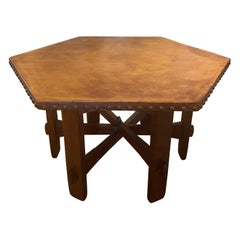 Mesa de biblioteca Gustav Stickley Early con tapa de cuero