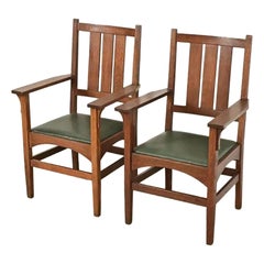 Gustav Stickley Harvey Ellis Antique Mission Oak Arts & Crafts Armchairs, Pair