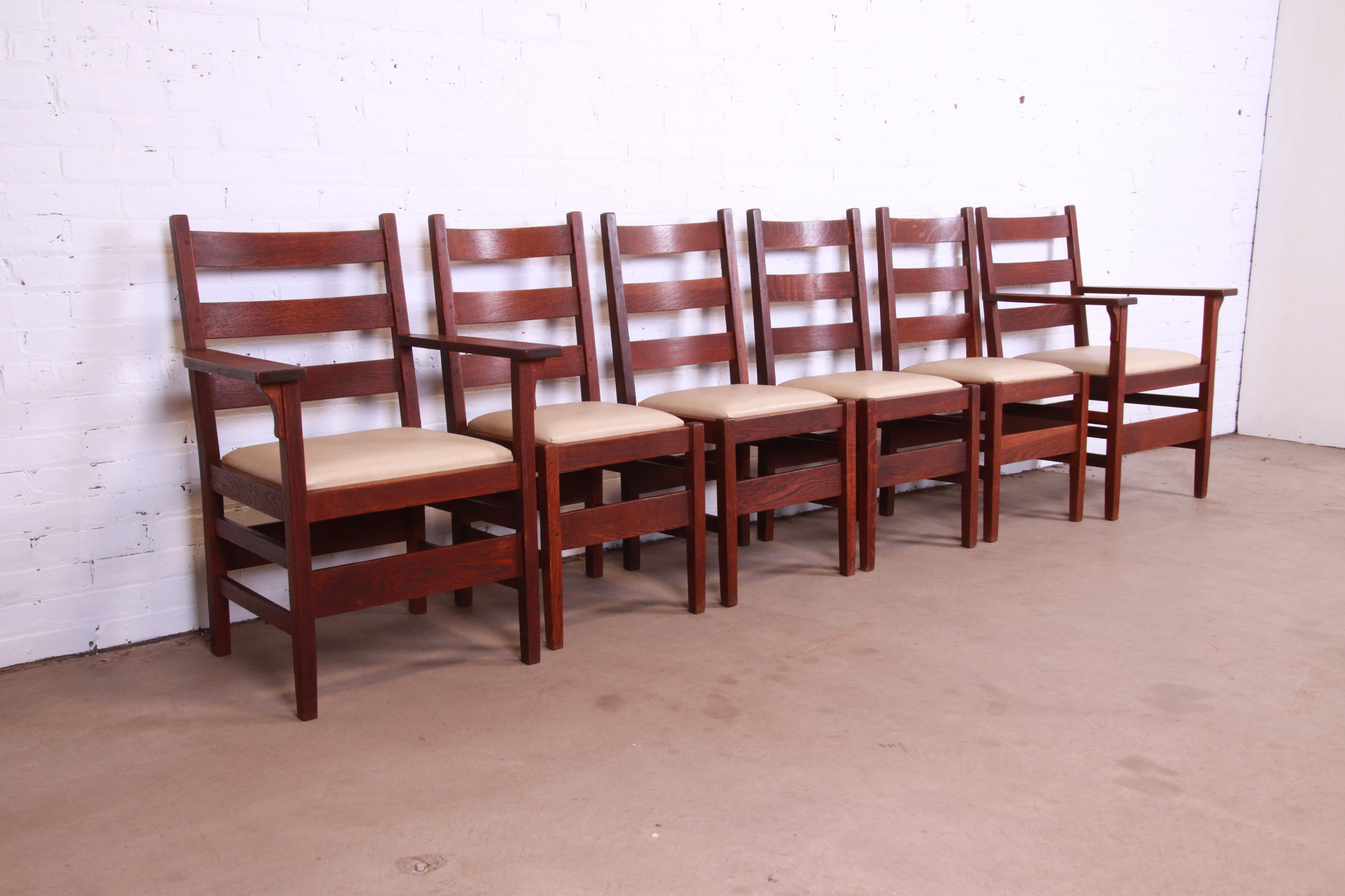 Leather Gustav Stickley Mission Oak Arts & Crafts Dining Chairs, Circa 1900