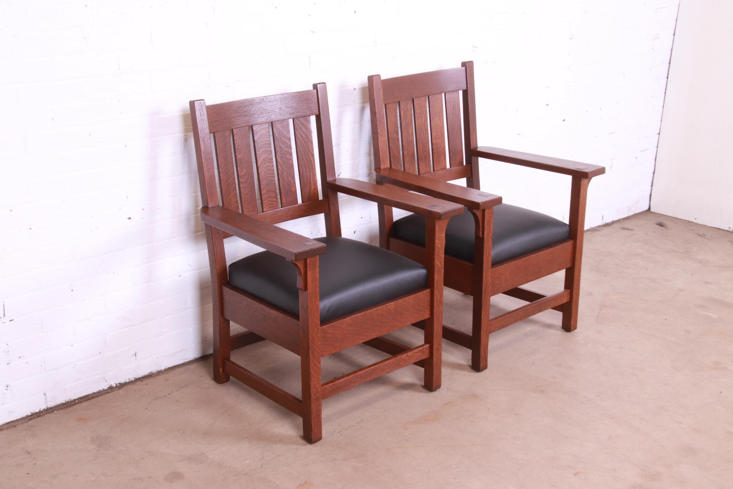 Leather Gustav Stickley Mission Oak Arts & Crafts Lounge Chairs, Fully Restored