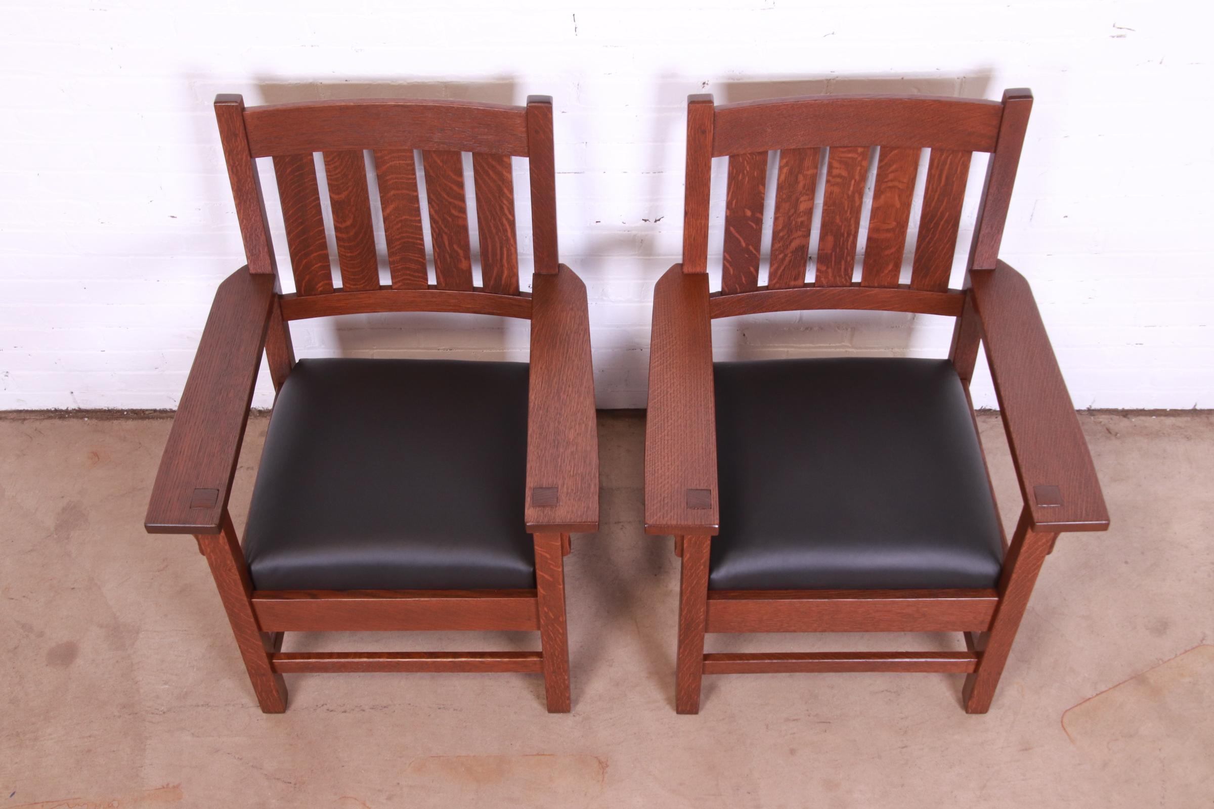 Gustav Stickley Mission Oak Arts & Crafts Lounge Chairs, Fully Restored 1