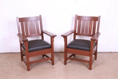 Gustav Stickley Mission Oak Arts & Crafts Lounge Chairs, Fully Restored