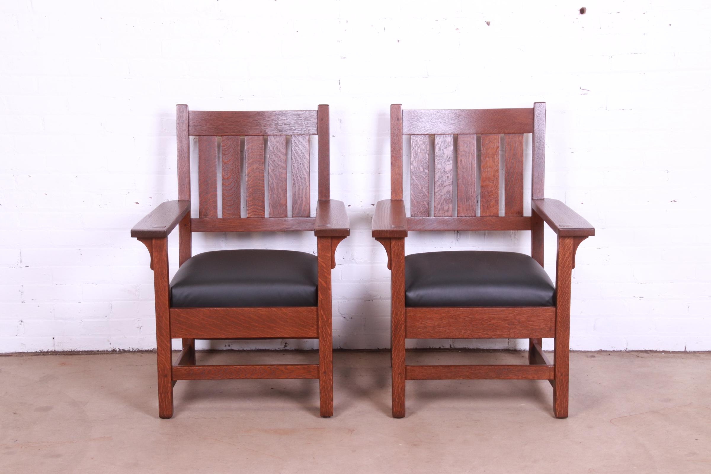 Arts and Crafts Gustav Stickley Mission Oak Arts & Crafts Lounge Chairs, Fully Restored