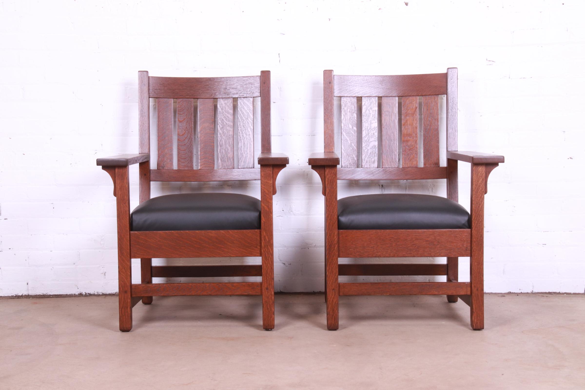 American Gustav Stickley Mission Oak Arts & Crafts Lounge Chairs, Fully Restored