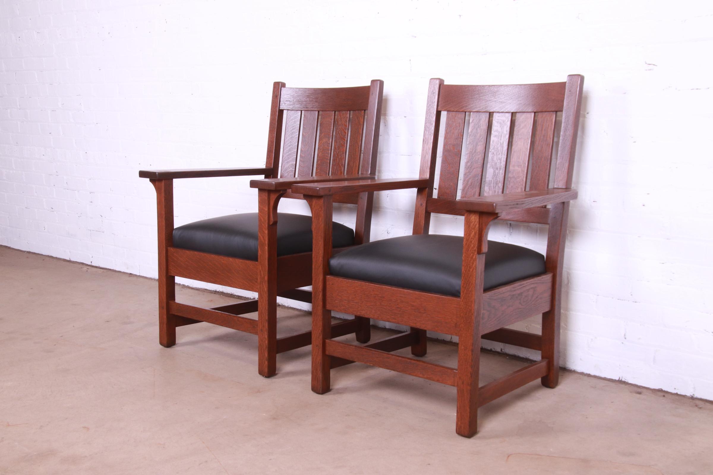 20th Century Gustav Stickley Mission Oak Arts & Crafts Lounge Chairs, Fully Restored
