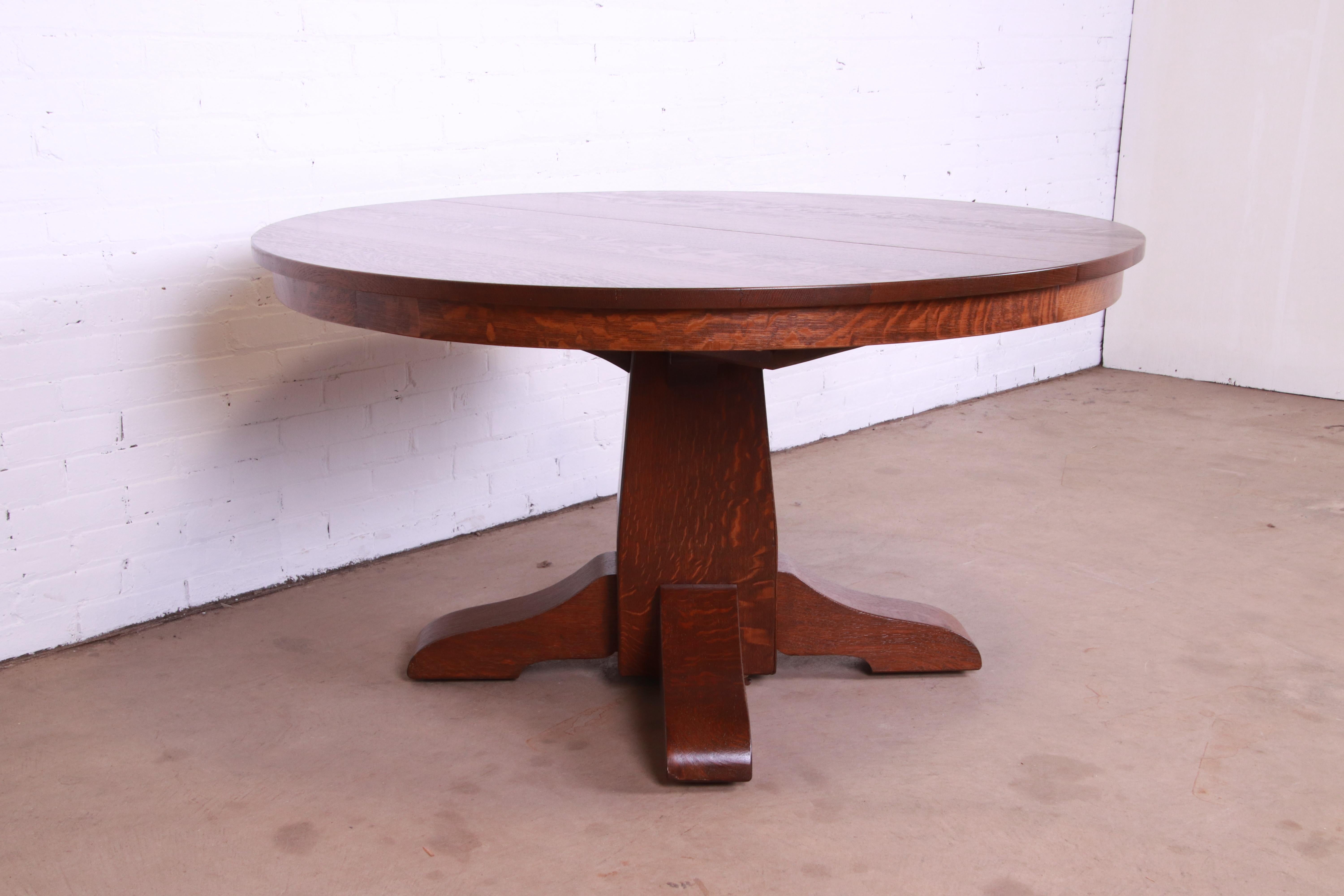 Gustav Stickley Mission Oak Arts & Crafts Pedestal Dining Table with Six Leaves 6
