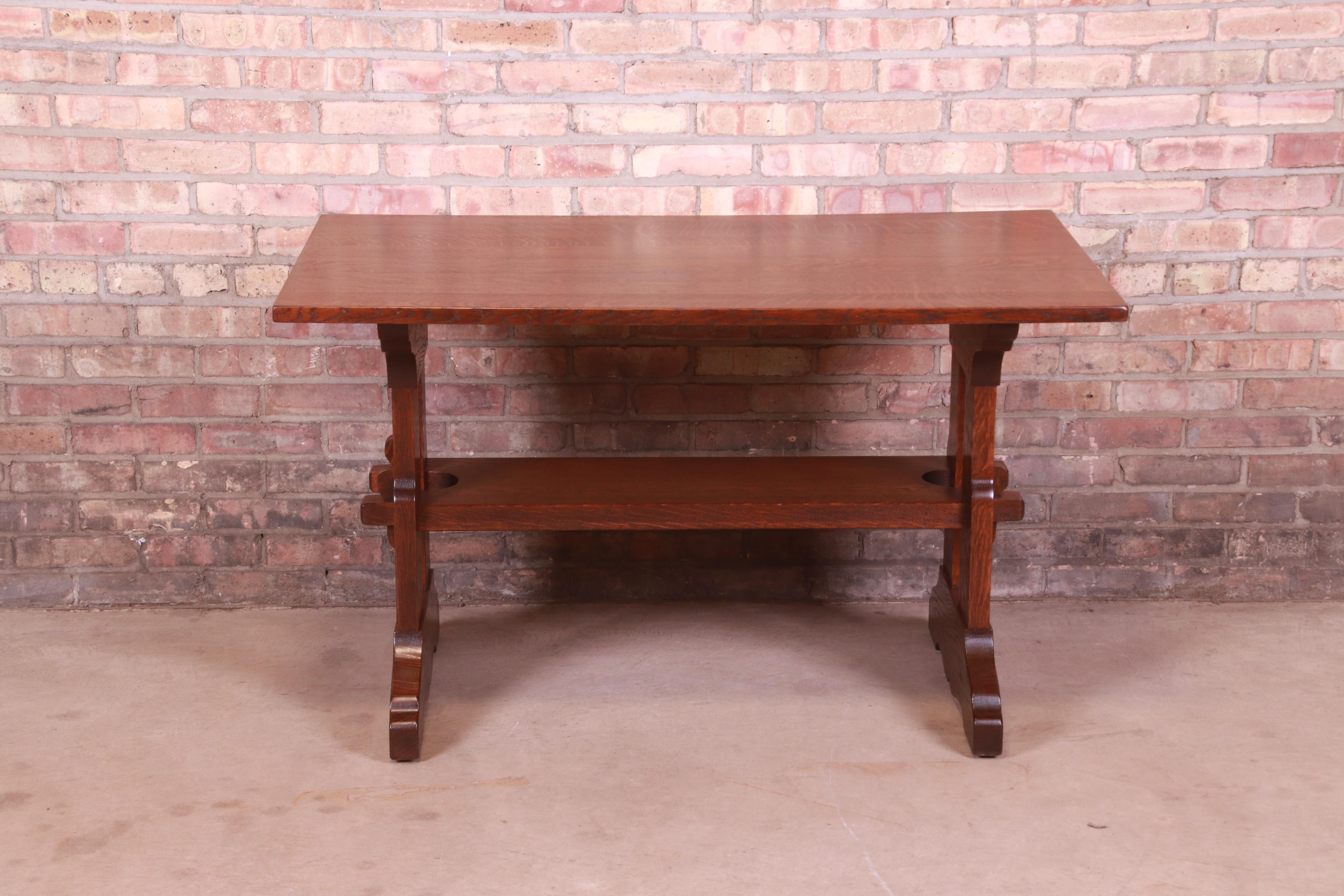 20th Century Gustav Stickley Mission Oak Arts & Crafts Trestle Library Table or Writing Desk
