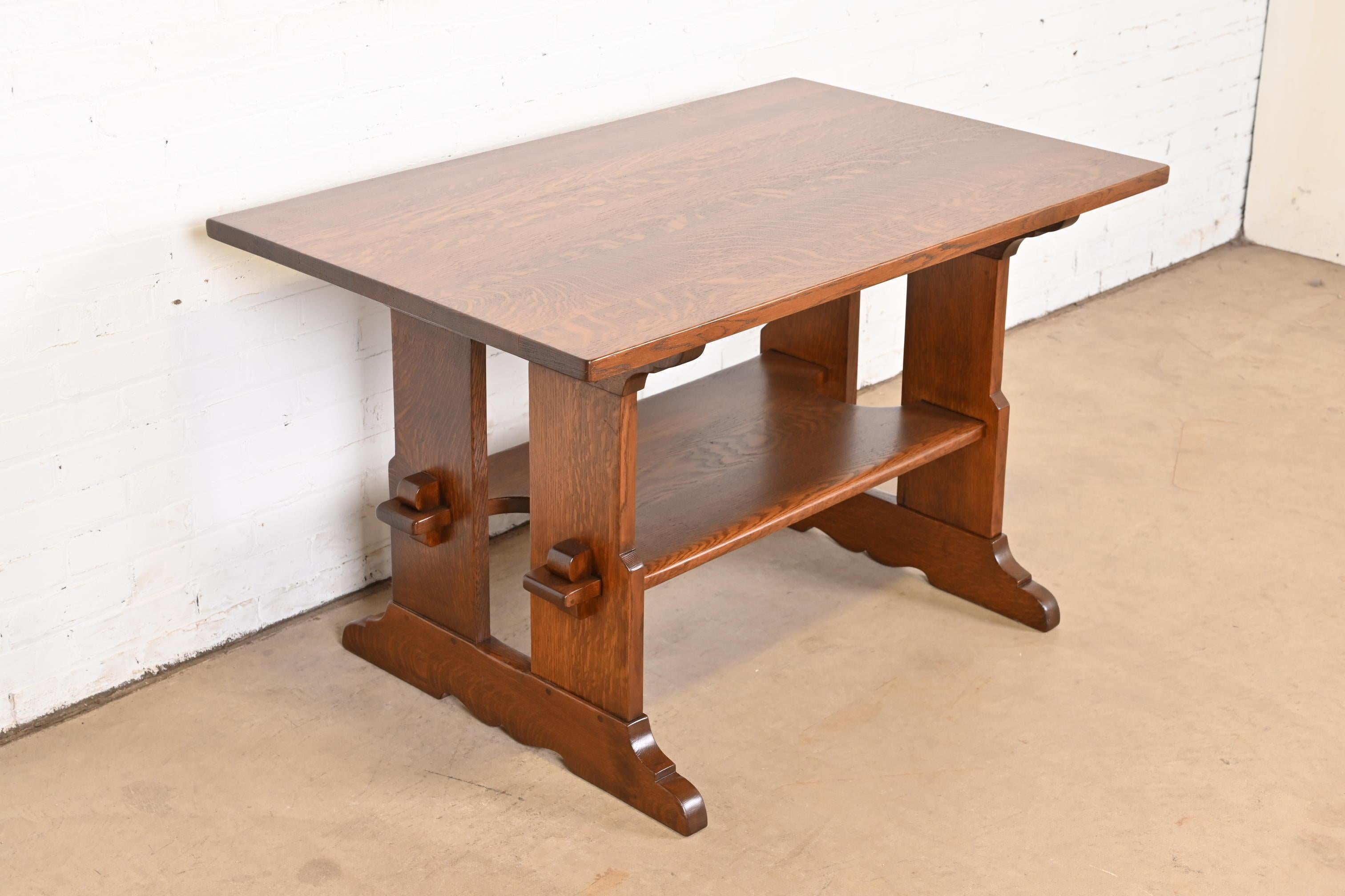 Early 20th Century Gustav Stickley Mission Oak Arts & Crafts Trestle Library Table or Writing Desk For Sale