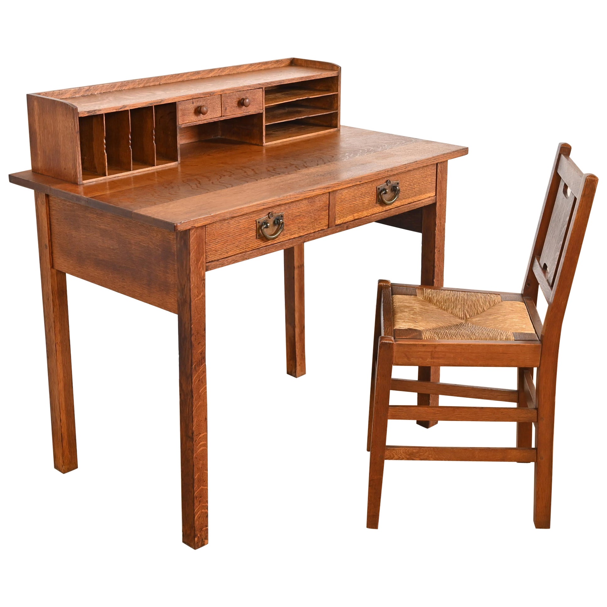 Gustav Stickley Mission Oak Arts 
Crafts Writing Desk and Chair, Circa 1900