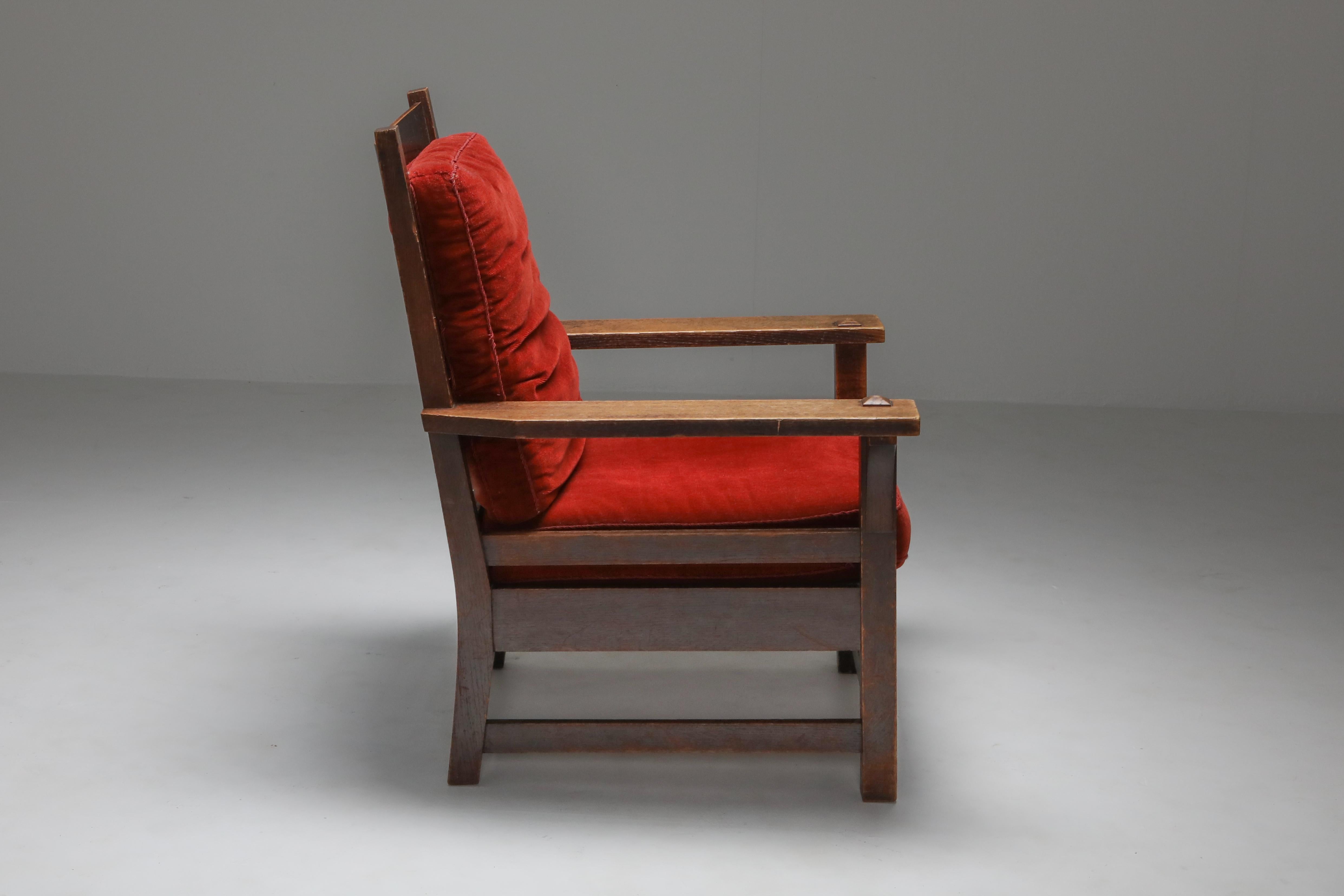 Arts and Crafts Gustav Stickley Oak Armchair with Red Velvet