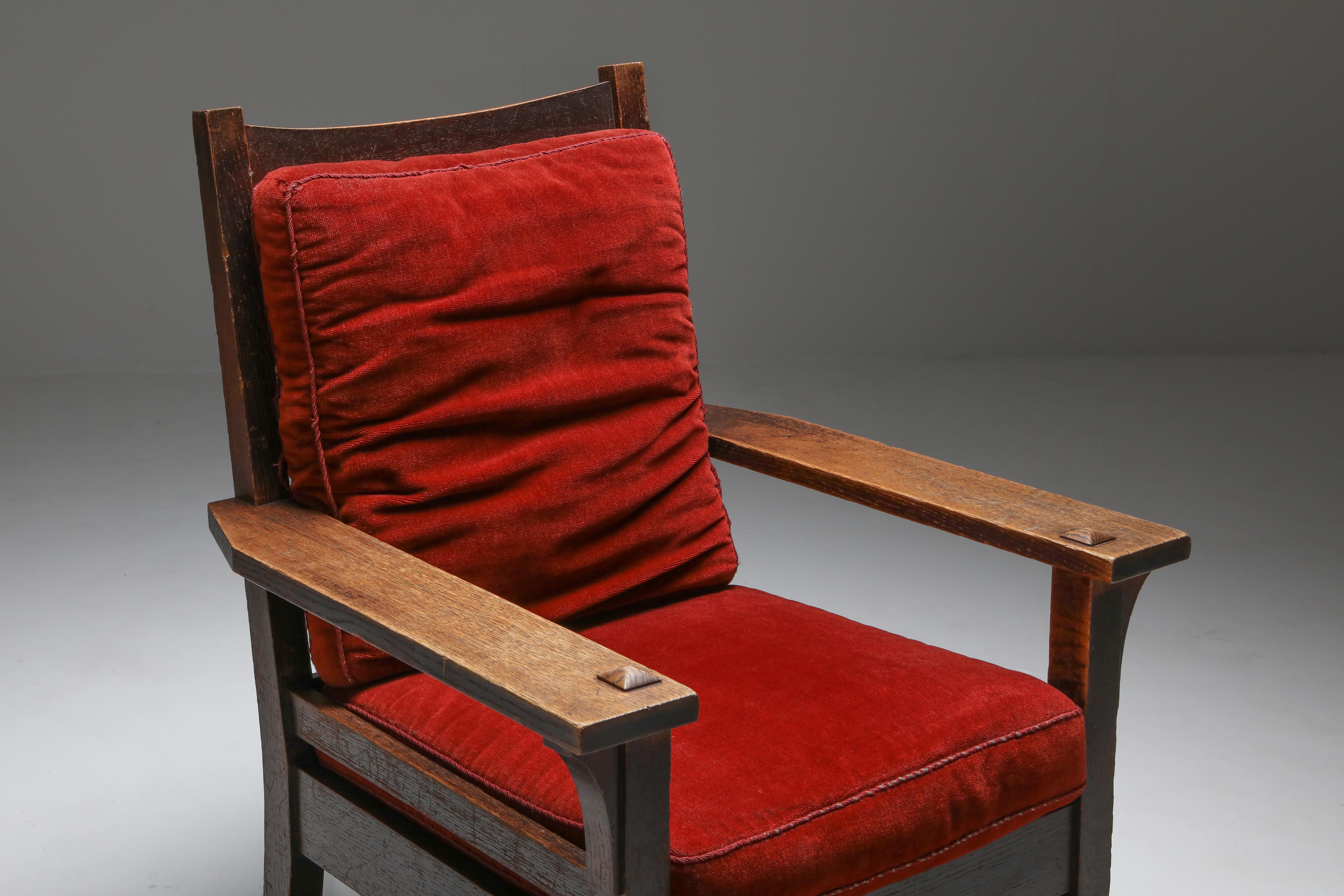 20th Century Gustav Stickley Oak Armchair with Red Velvet