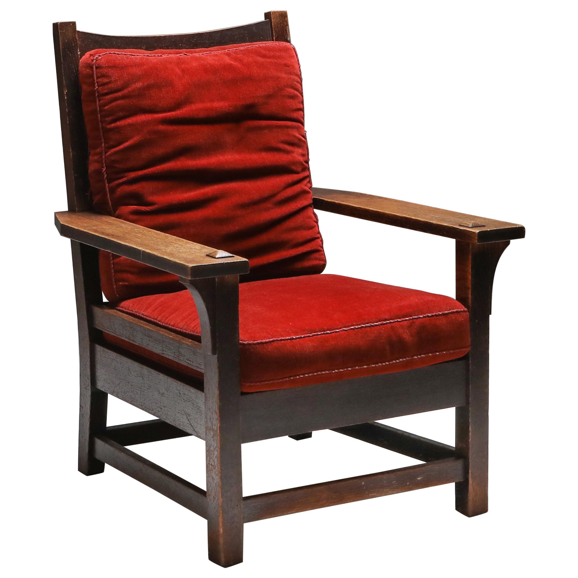 Gustav Stickley Oak Armchair with Red Velvet