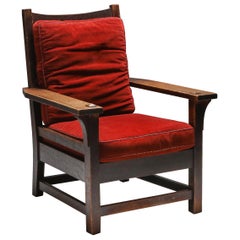 Antique Gustav Stickley Oak Armchair with Red Velvet