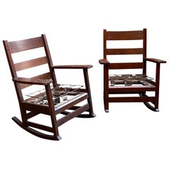 Antique Gustav Stickley Oak Rocking Chairs, a Pair