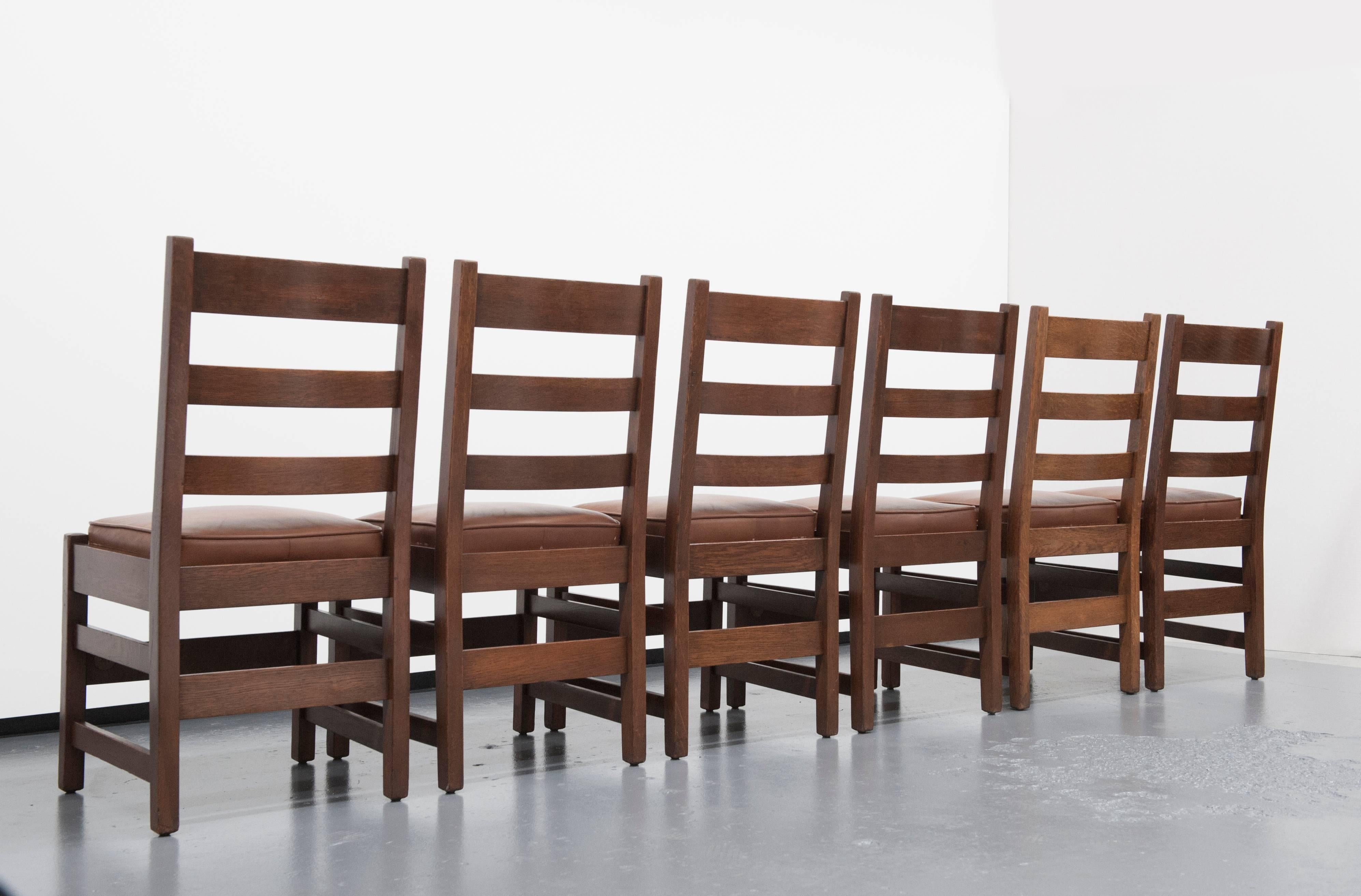 Early 20th Century Gustav Stickley Slatted Set of Six Mission Style Side Chairs