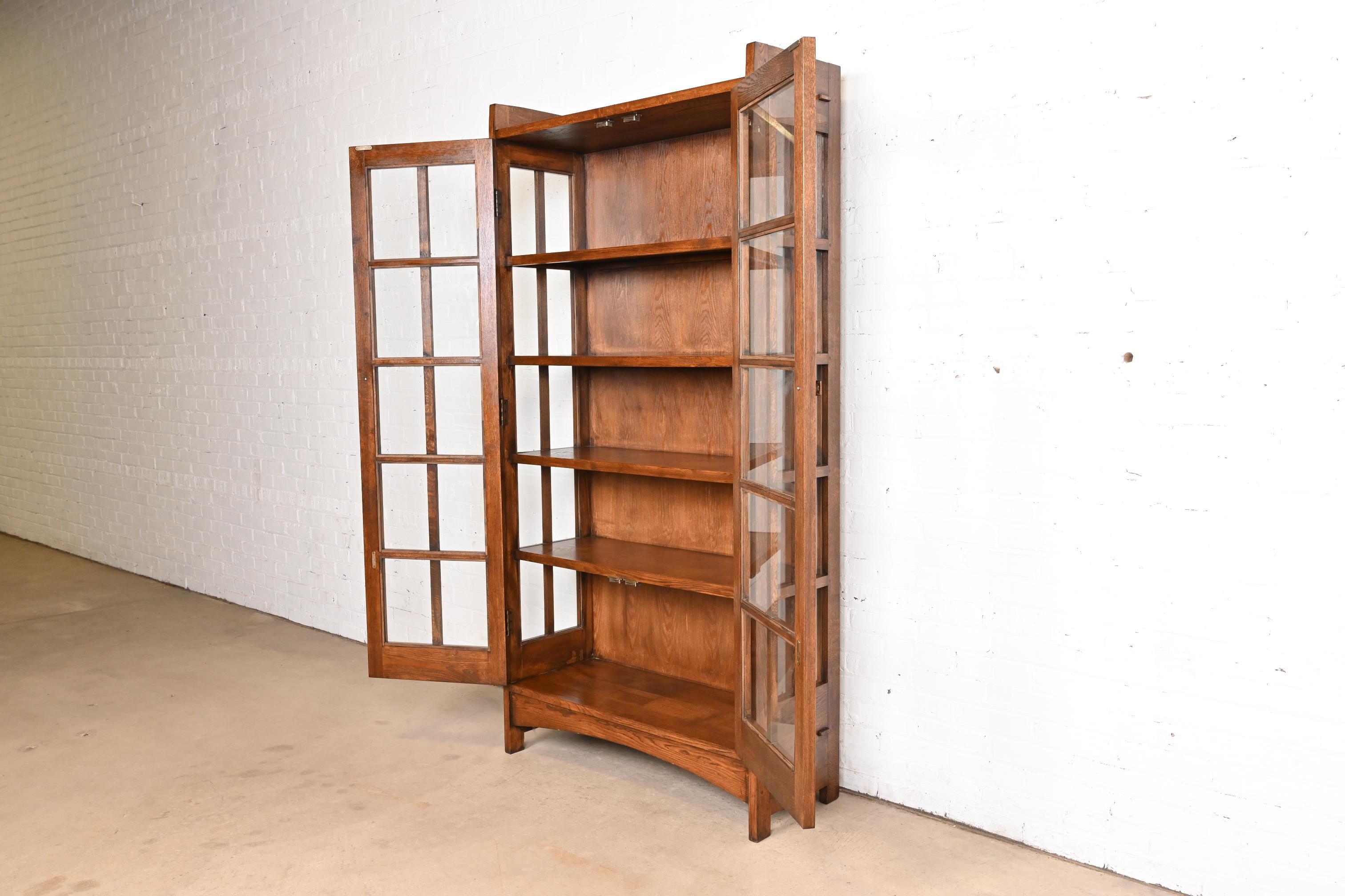 Glass Gustav Stickley Style Mission Oak Arts and Crafts Bookcase Cabinet For Sale