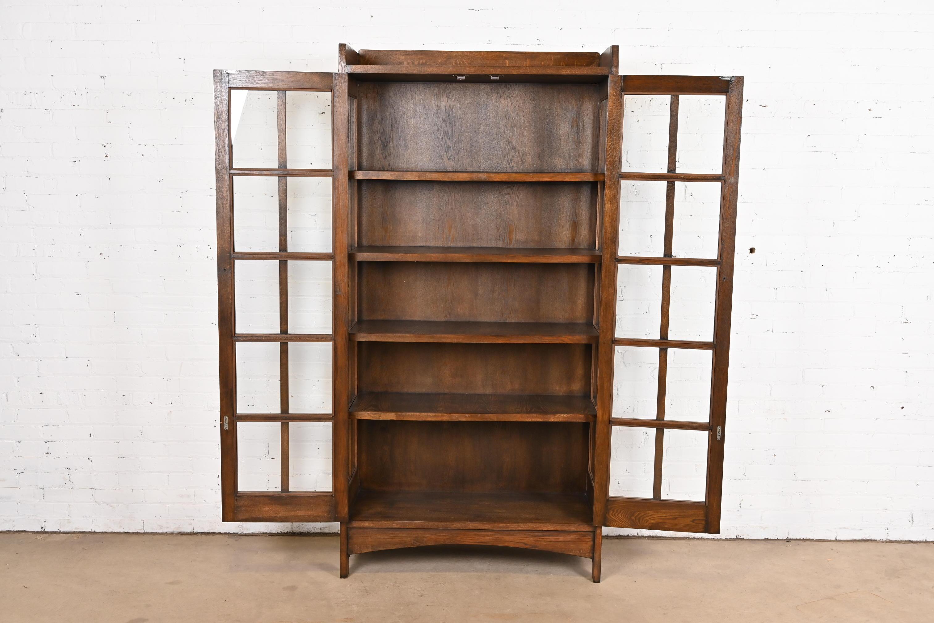 Glass Gustav Stickley Style Mission Oak Arts and Crafts Bookcase Cabinet For Sale