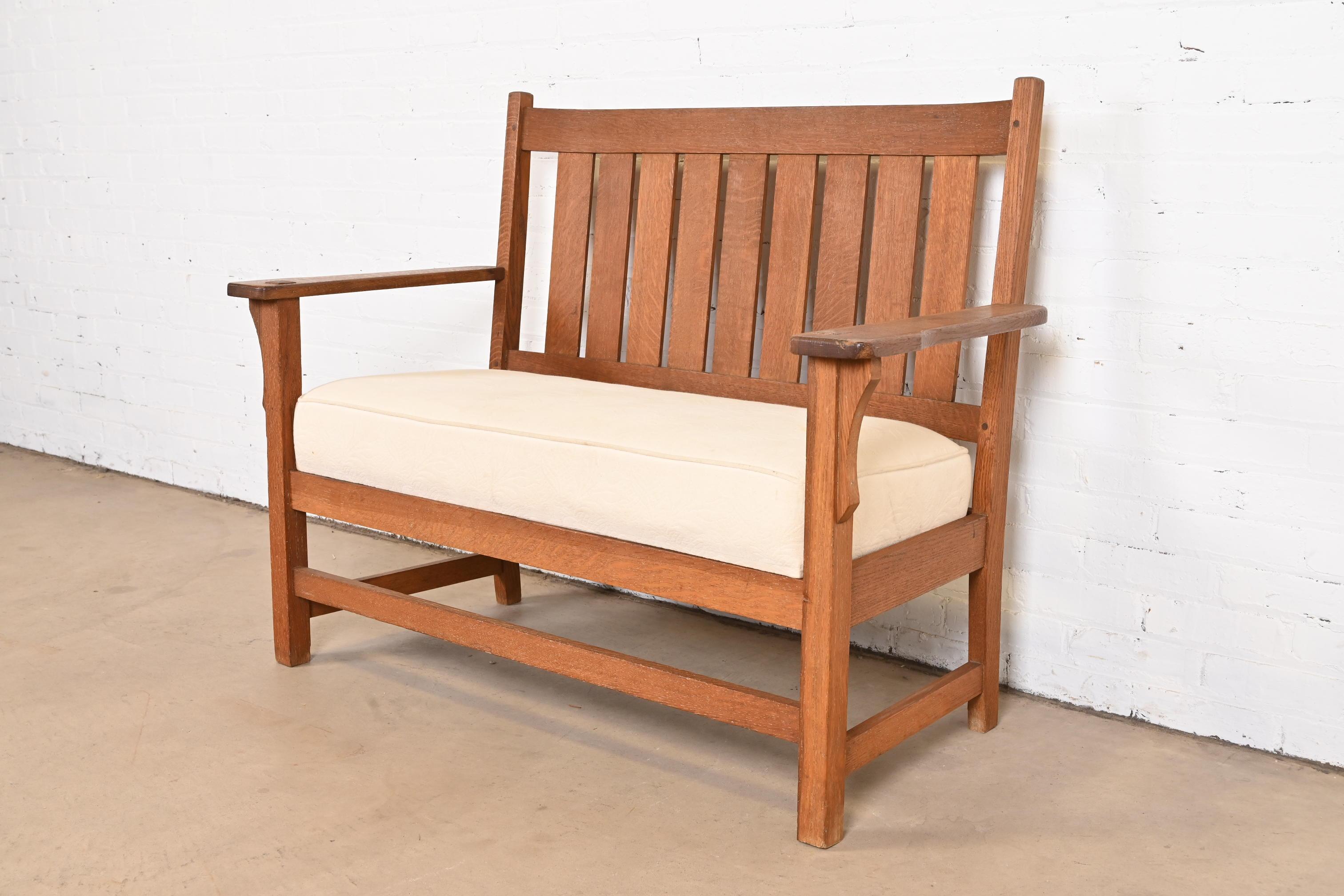 American Gustav Stickley Style Mission Oak Arts & Crafts Open Arm Settee or Loveseat For Sale