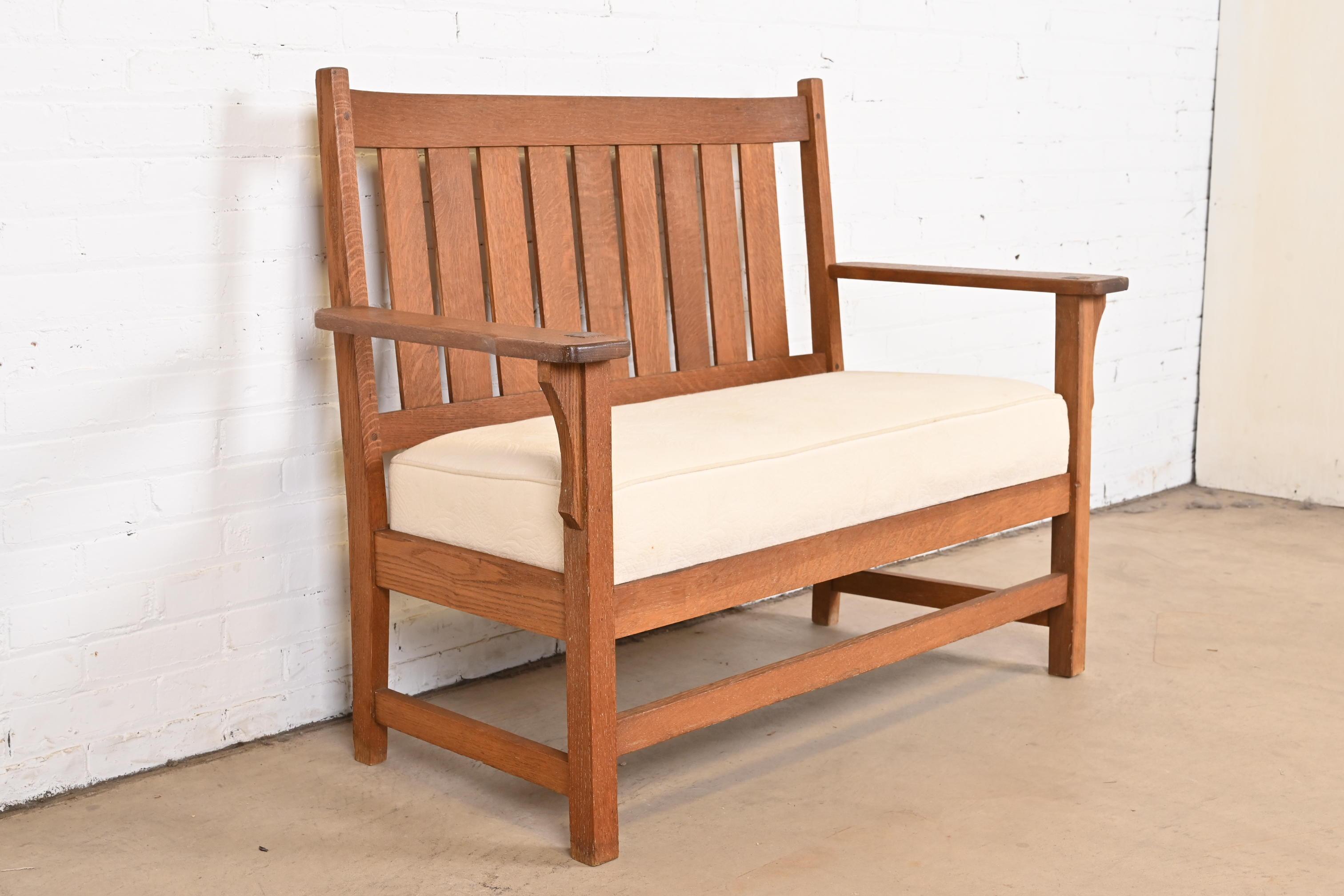 20th Century Gustav Stickley Style Mission Oak Arts & Crafts Open Arm Settee or Loveseat For Sale