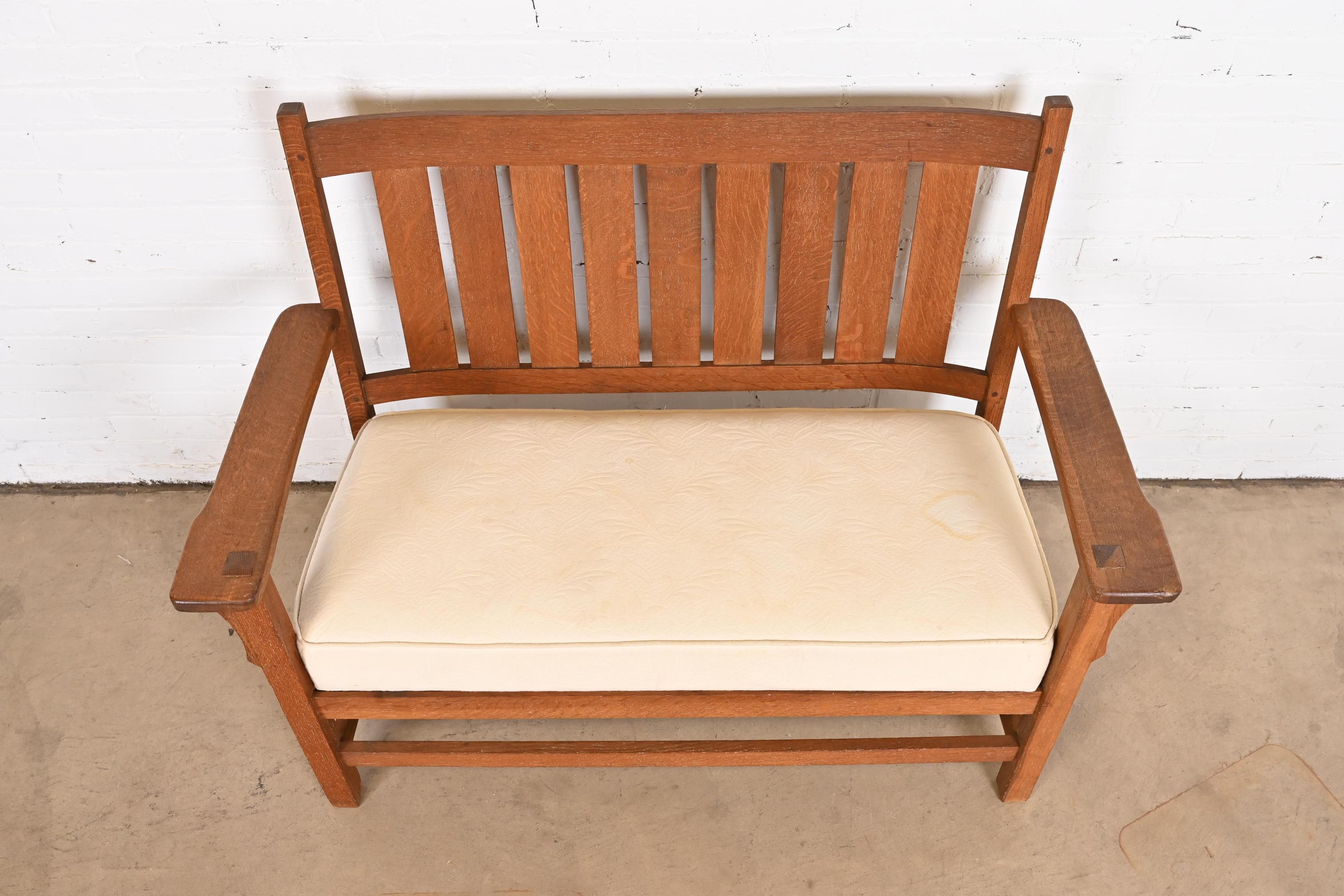 Upholstery Gustav Stickley Style Mission Oak Arts & Crafts Open Arm Settee or Loveseat For Sale