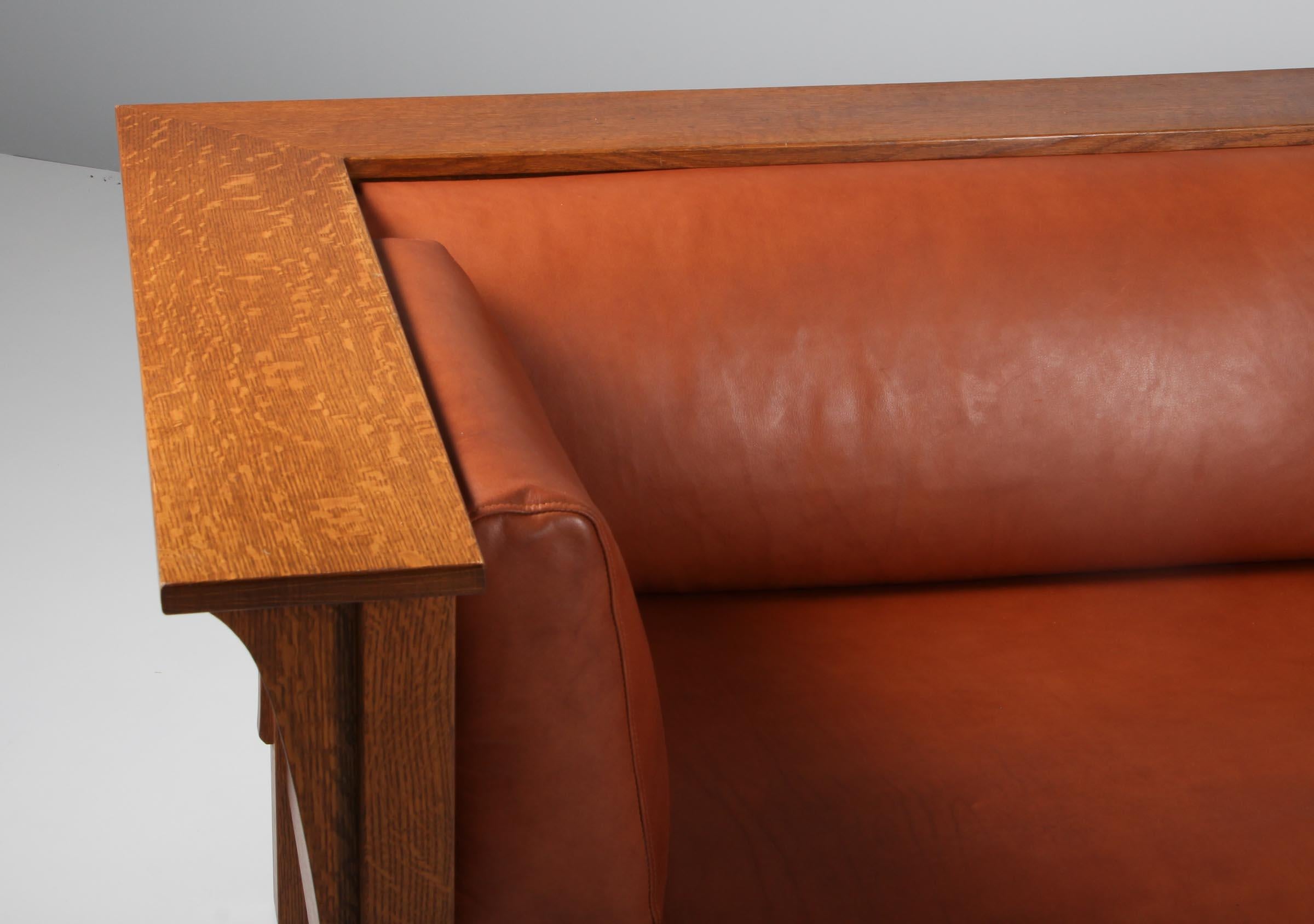 Arts and Crafts Gustav Stickley Three Seat Sofa Even Arm Brown Leather Mission Oak Arts & Crafts