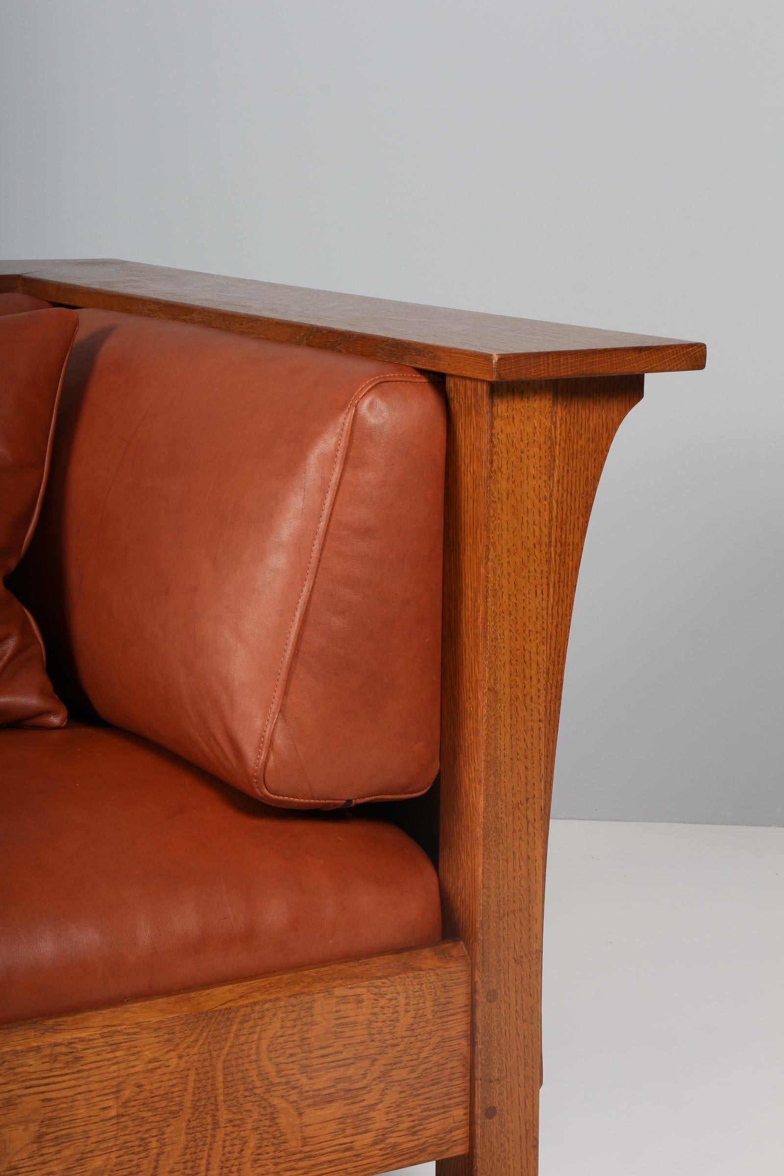 American Gustav Stickley Three Seat Sofa Even Arm Brown Leather Mission Oak Arts & Crafts