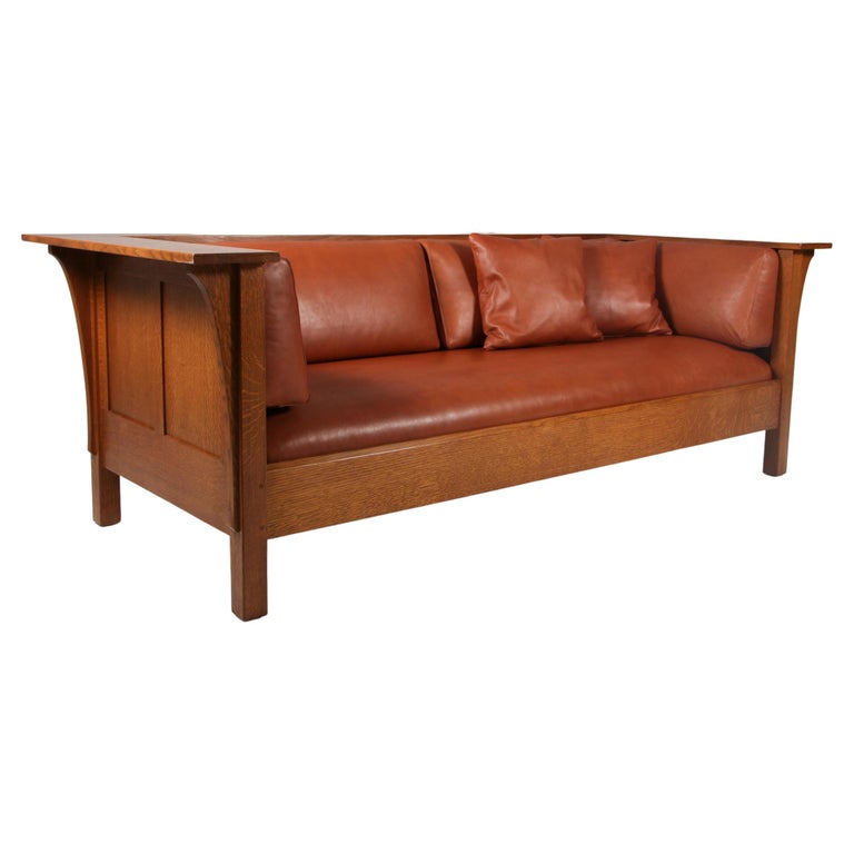 Gustav Stickley Three Seat Sofa Even Arm Brown Leather Mission Oak Arts & Crafts For Sale